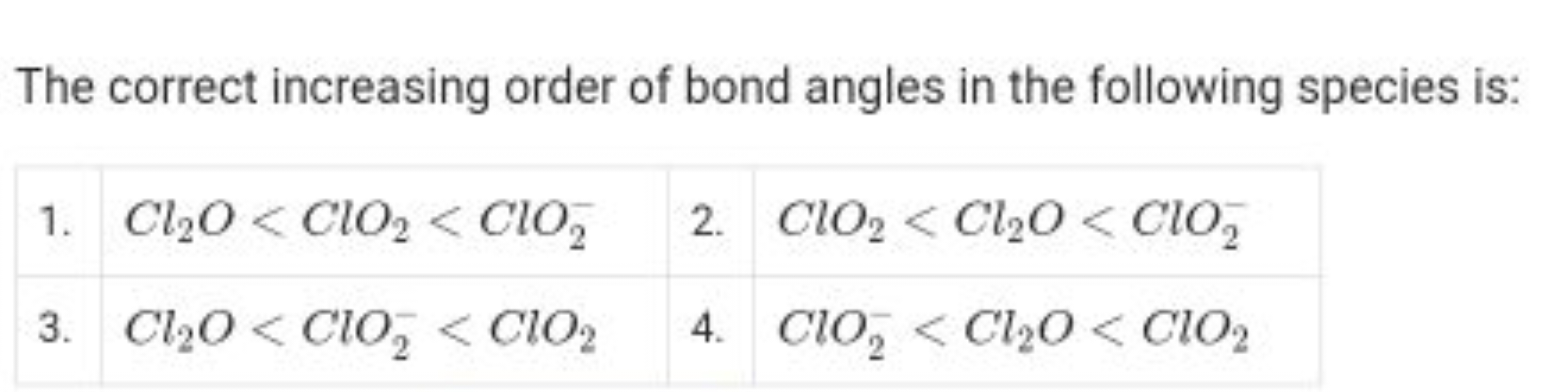 The correct increasing order of bond angles in the following species i