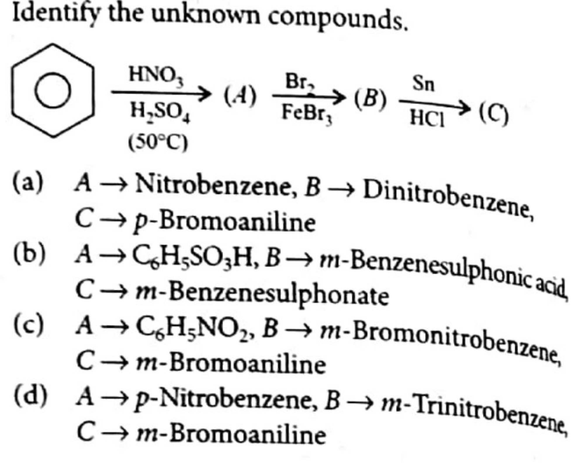 Identify the unknown compounds.
◯H2​SO4​(50∘C)​HNO3​​(A)Br2​FeBr3​​(B)