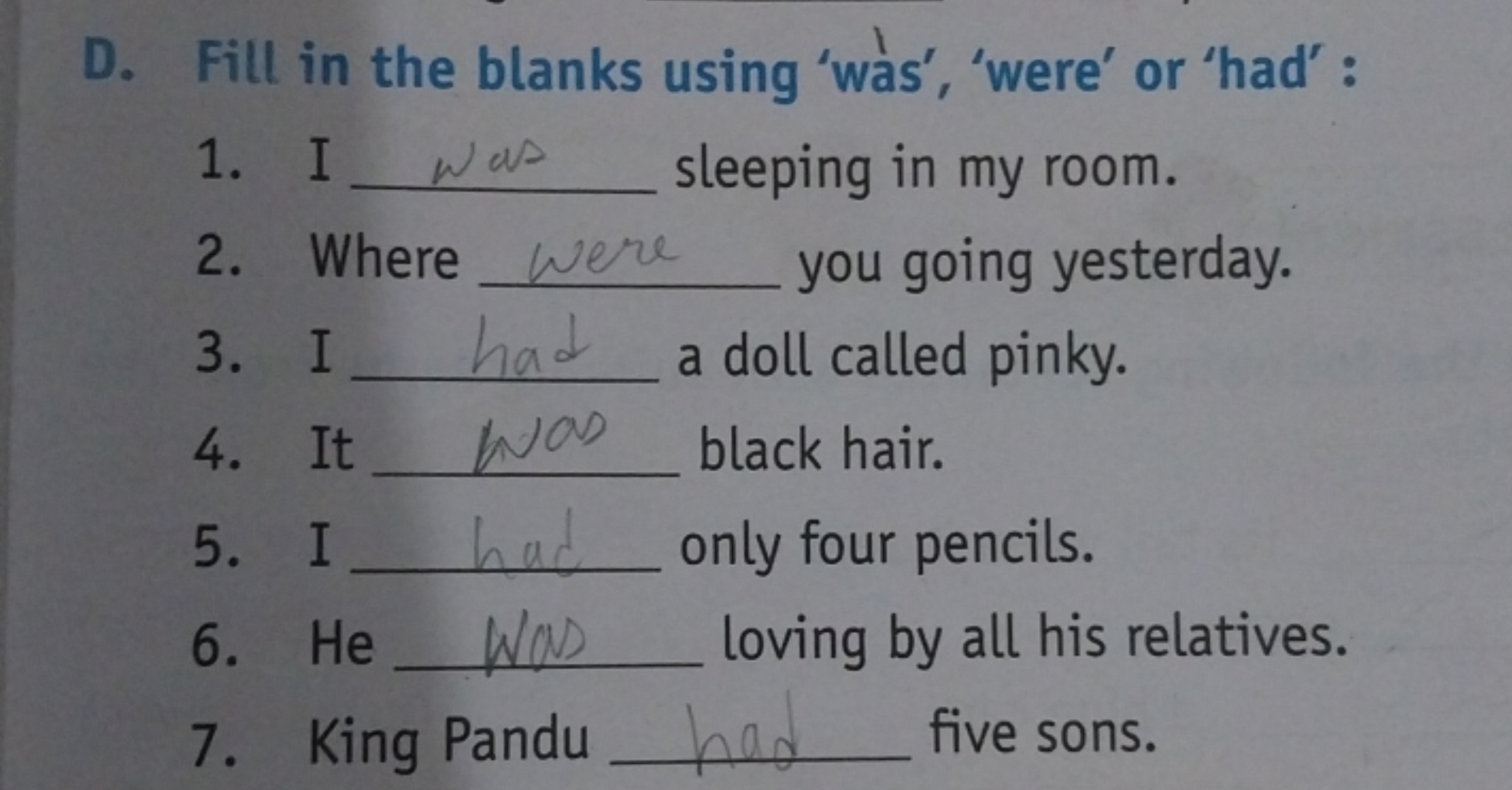 D. Fill in the blanks using 'was', 'were' or 'had' :
1. I  sleeping in