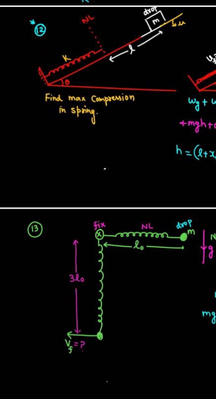 NL
drop
Find max Compression
in spring.
Wg + w
+mgh+o
h=(l+x
(13
fix
N