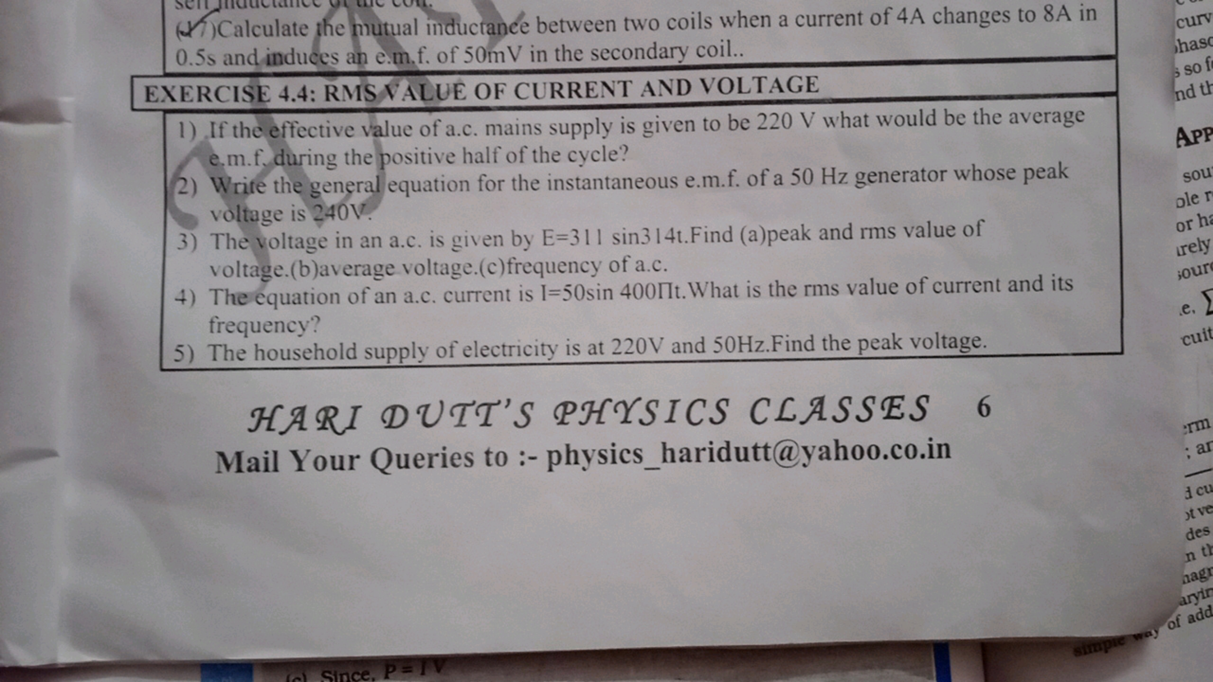 (h) Calculate the hutual inductance between two coils when a current o