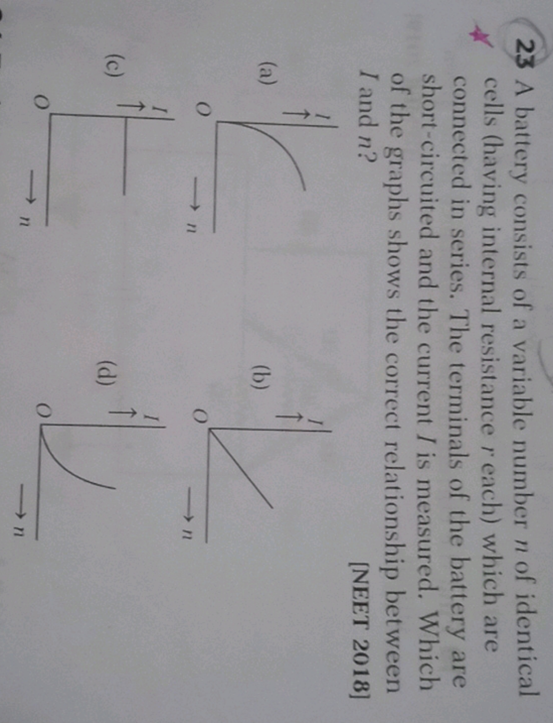 23 A battery consists of a variable number n of identical cells (havin