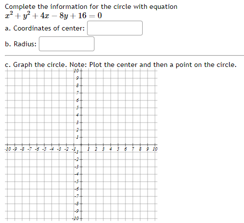 Complete the information for the circle with equation
x2+y2+4x−8y+16=0