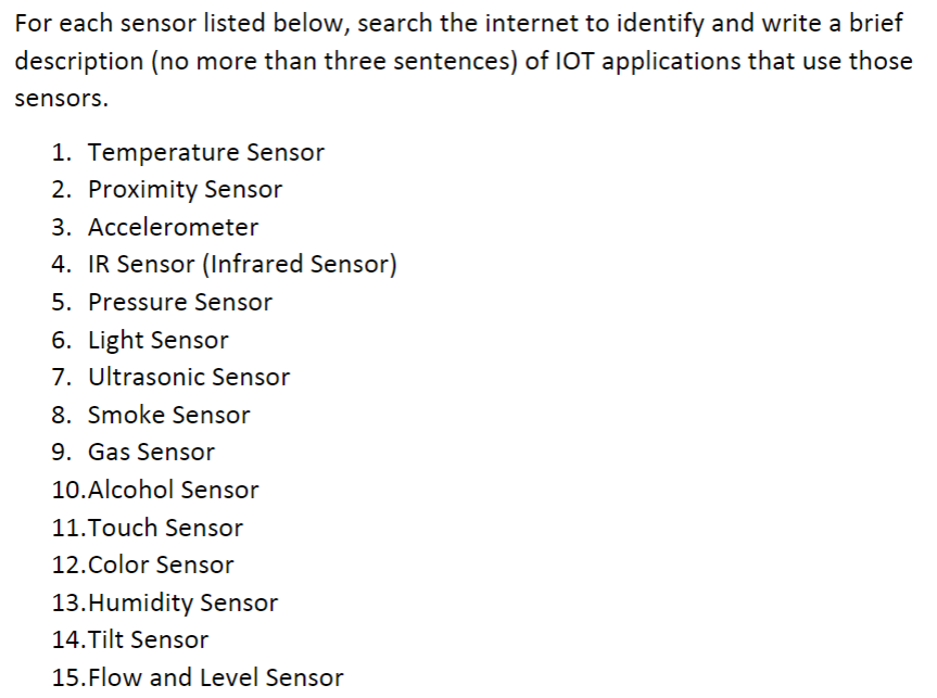 For each sensor listed below, search the internet to identify and writ