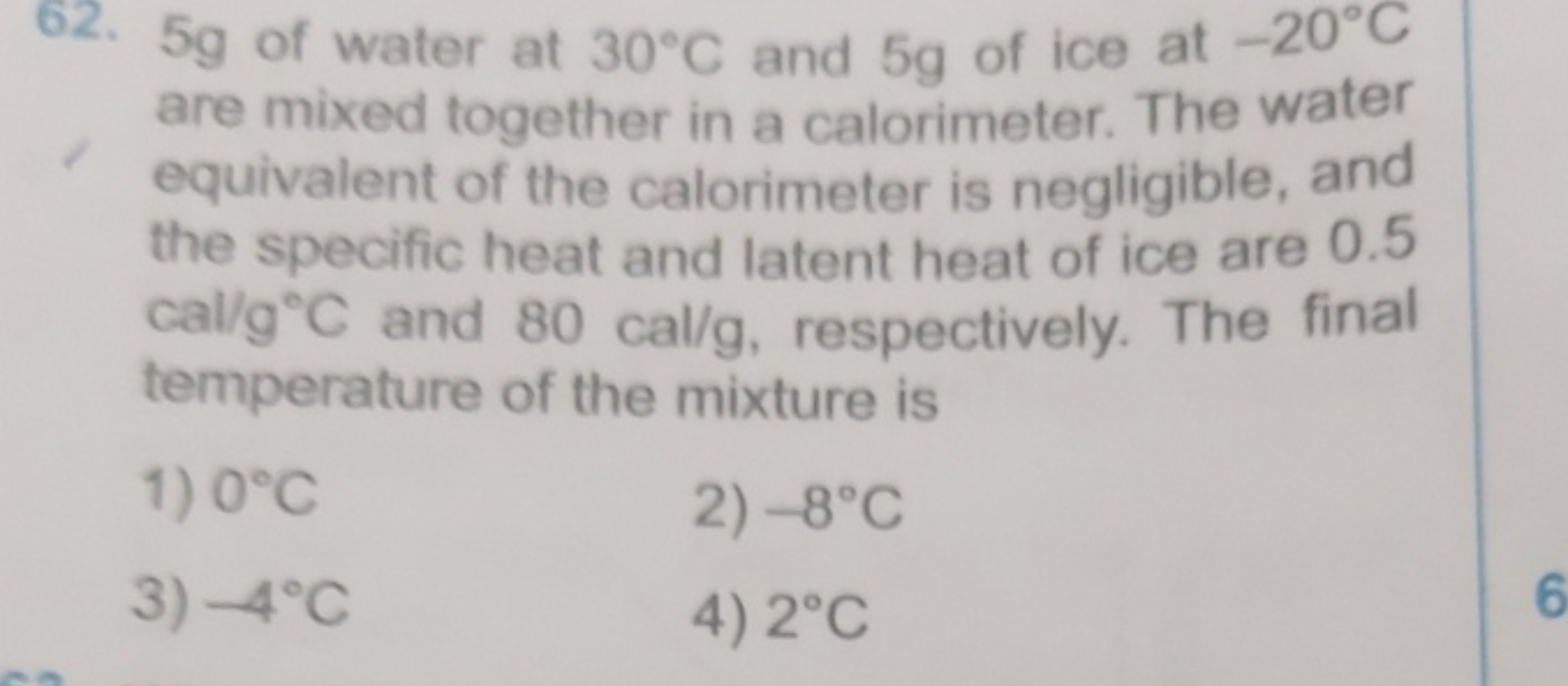 62. 5 g of water at 30∘C and 5 g of ice at −20∘C are mixed together in