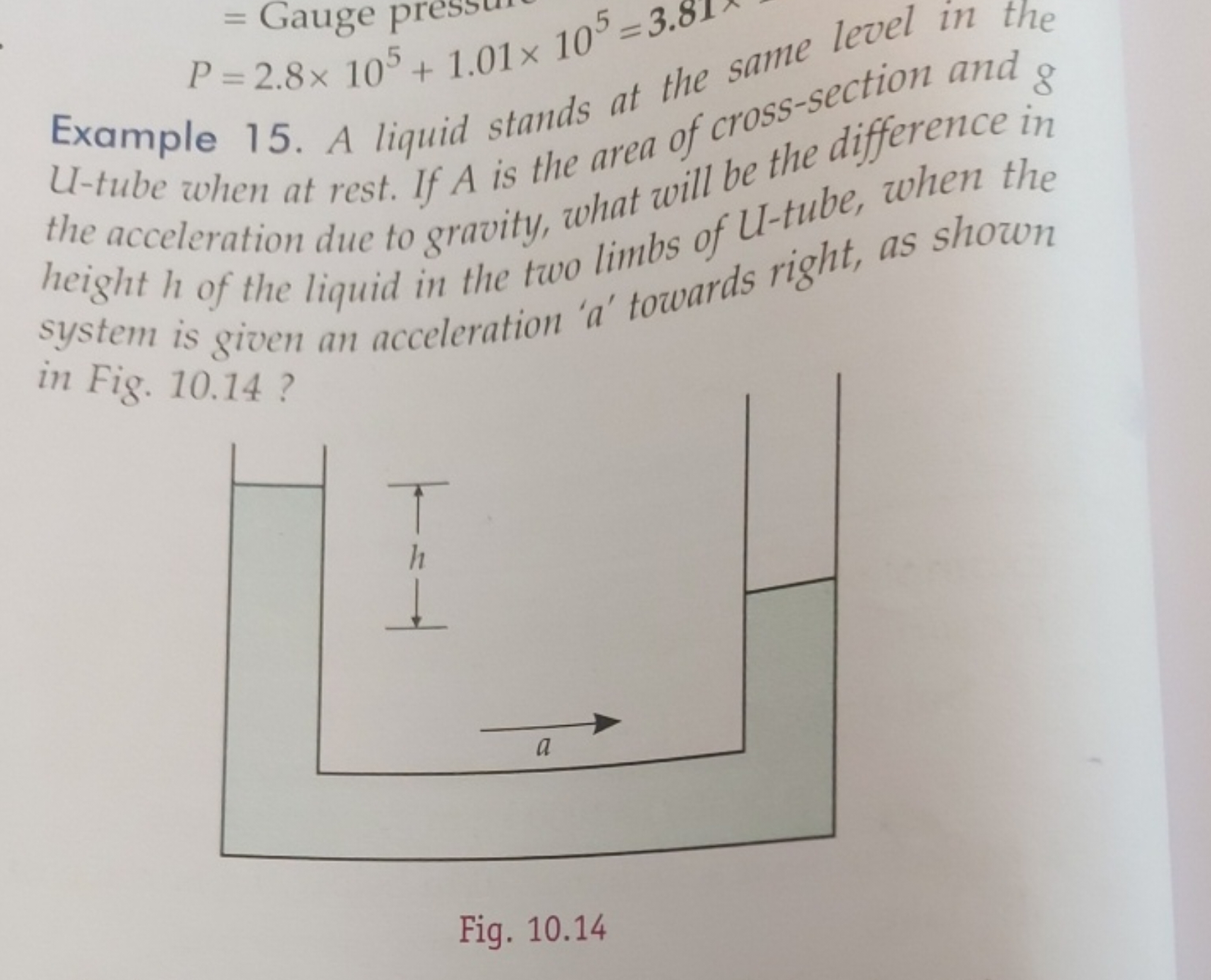 P​= Gauge pres =2.8×105+1.01×105=3.81​

Example 15. A liquid stands at