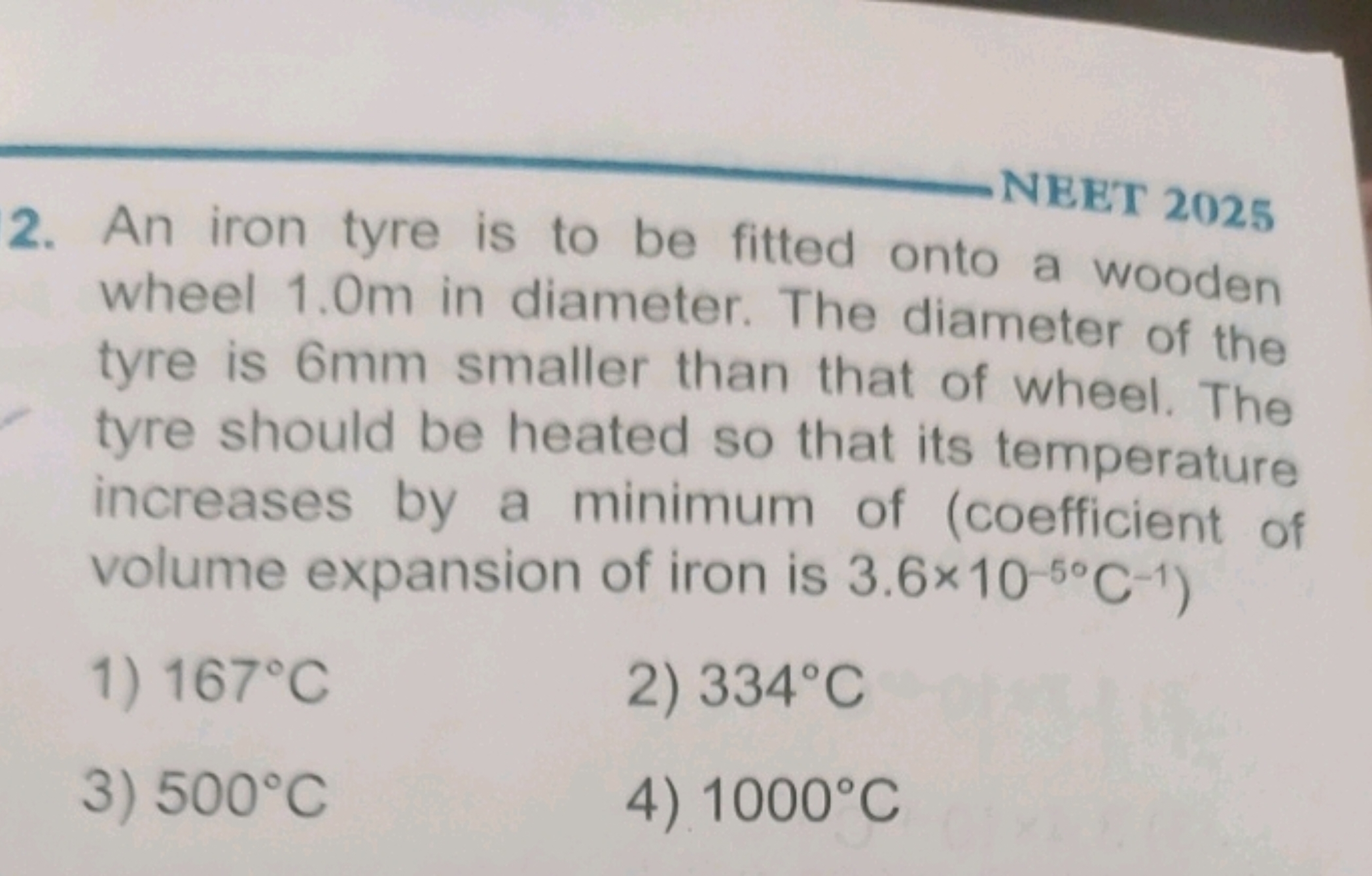 NEET 2025
2. An iron tyre is to be fitted onto a wooden wheel 1.0 m in