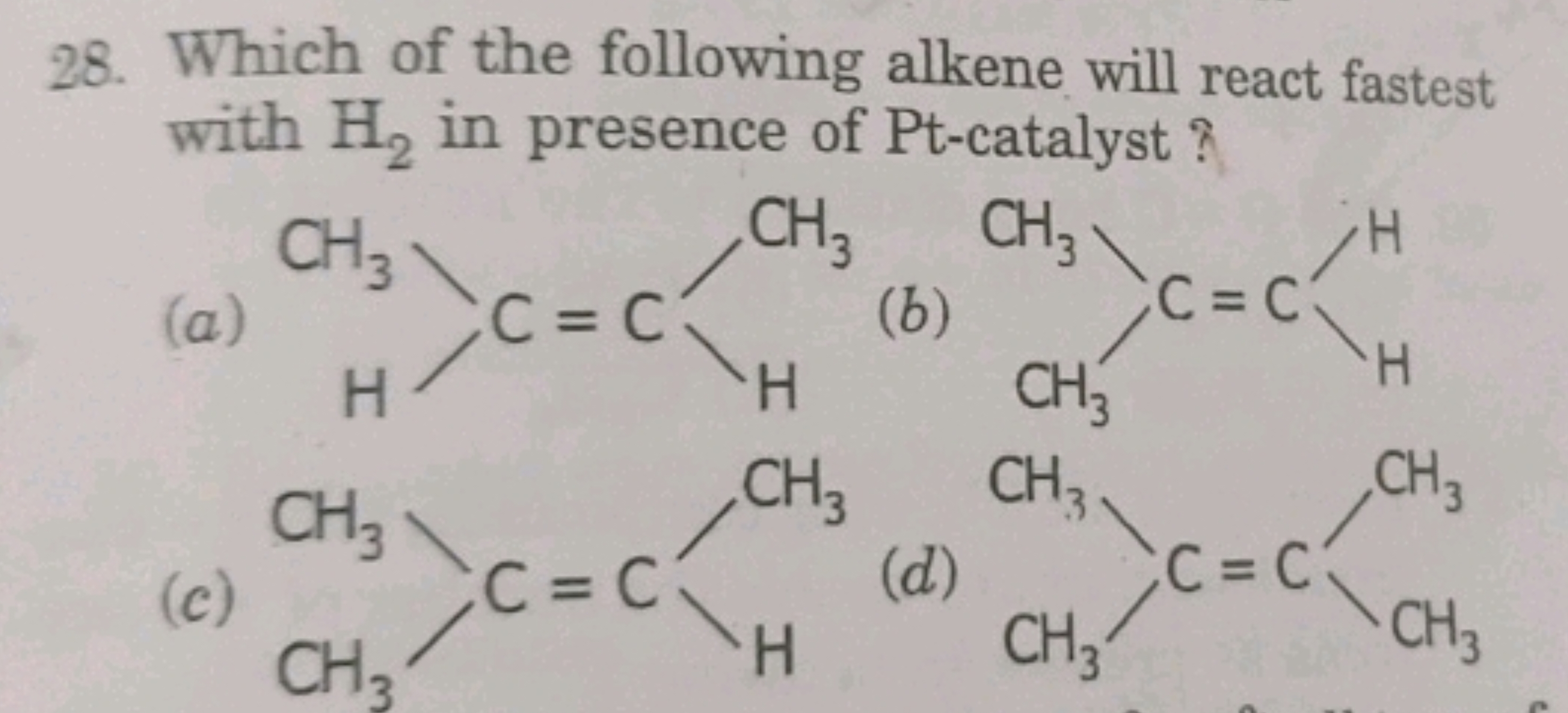 28. Which of the following alkene will react fastest with H2​ in prese