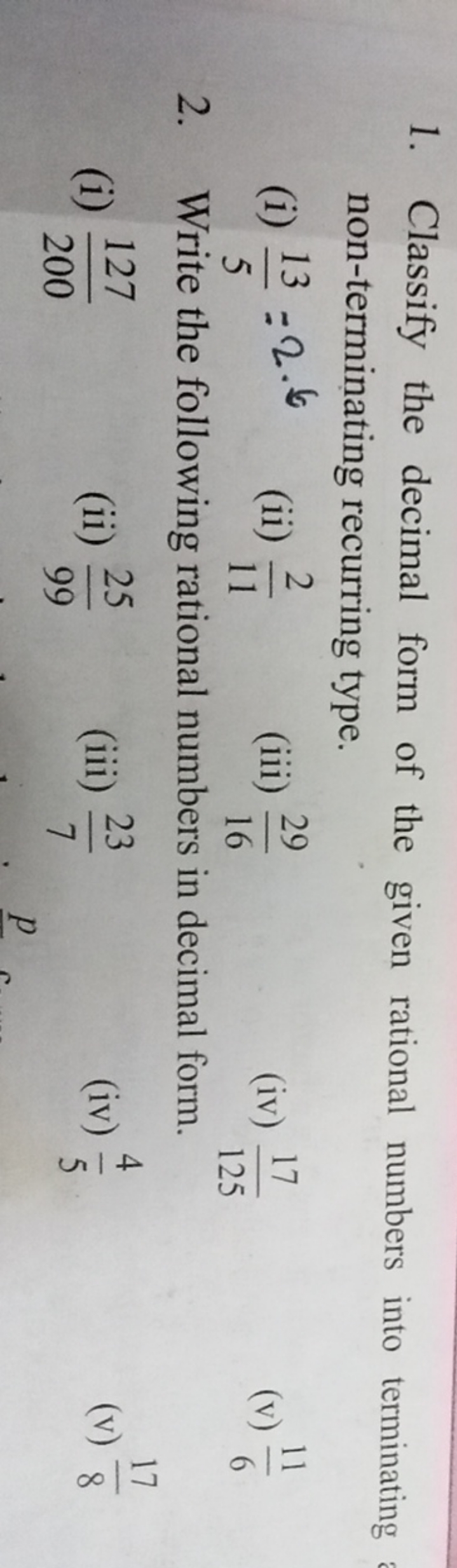 1. Classify the decimal form of the given rational numbers into termin