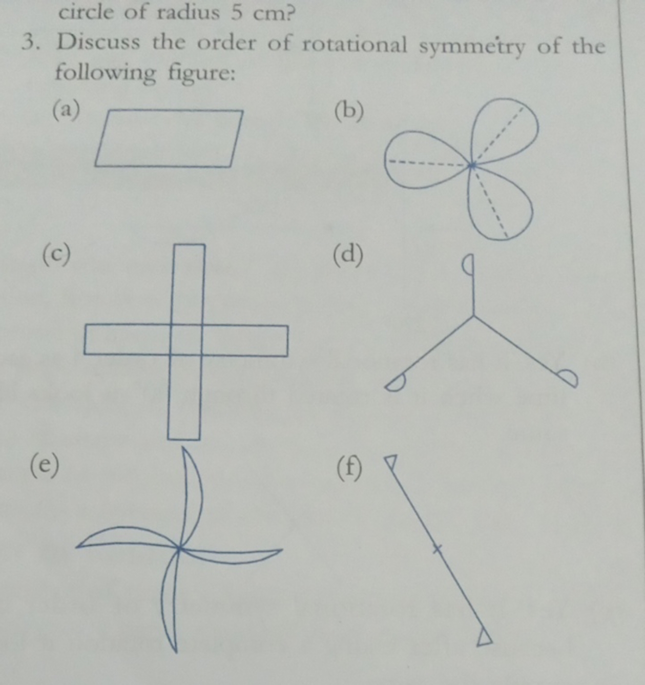 circle of radius 5 cm ?
3. Discuss the order of rotational symmetry of