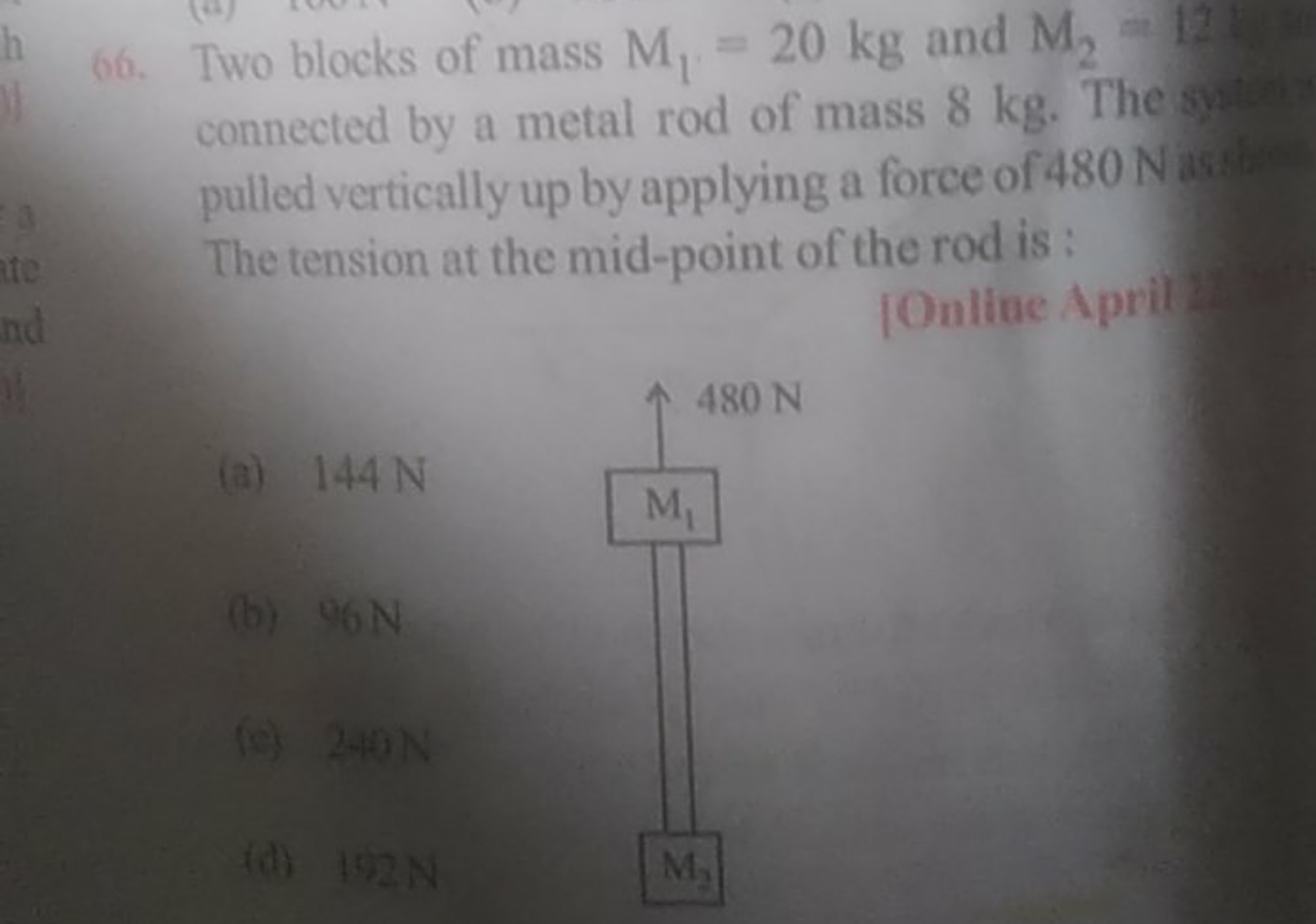 66. Two blocks of mass M1​=20 kg and M2​=12 connected by a metal rod o