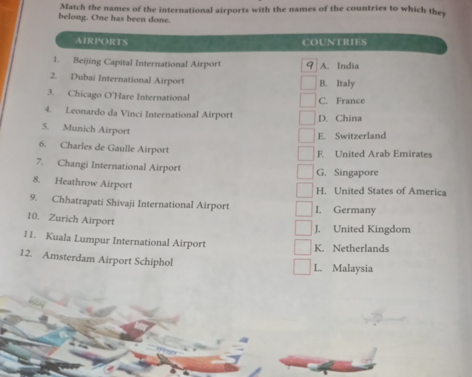 Match the names of the international airports with the names of the co