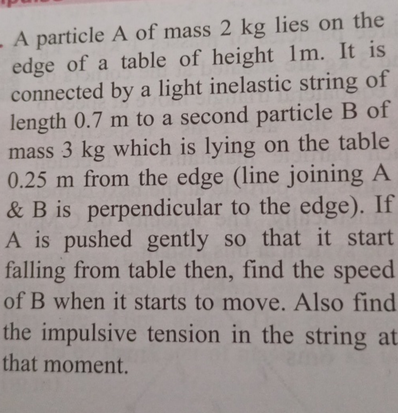 A particle A of mass 2 kg lies on the edge of a table of height 1 m . 