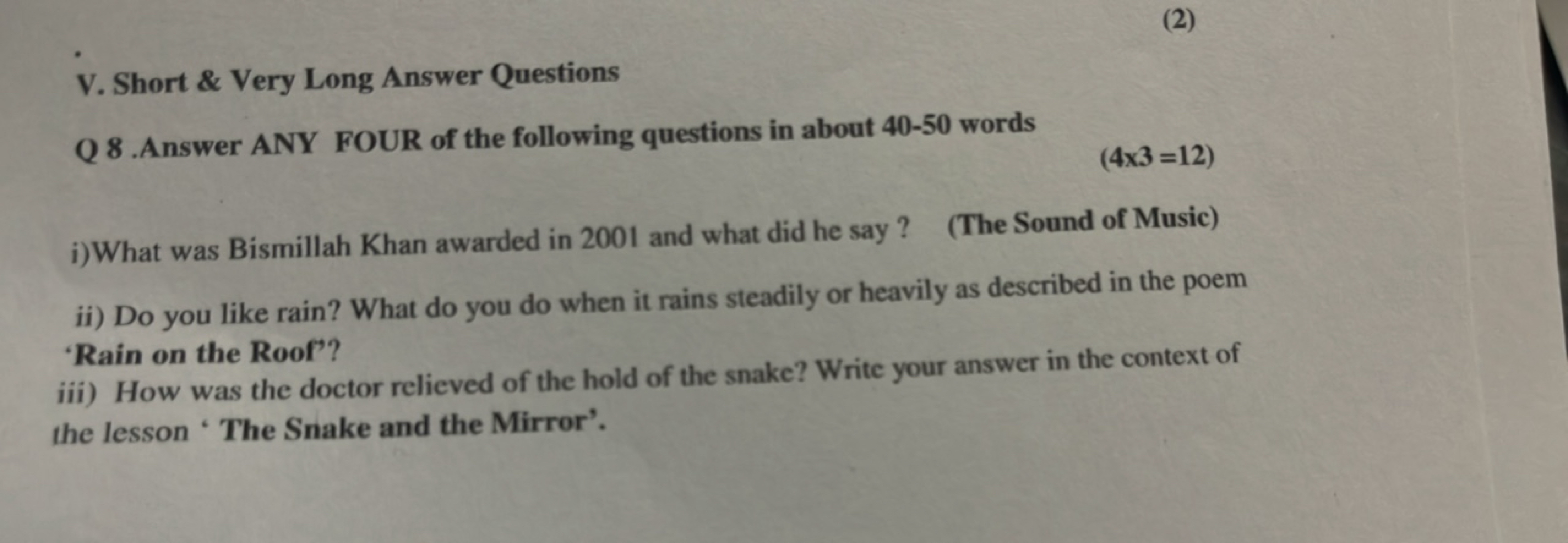 (2)
V. Short \& Very Long Answer Questions

Q 8.Answer ANY FOUR of the