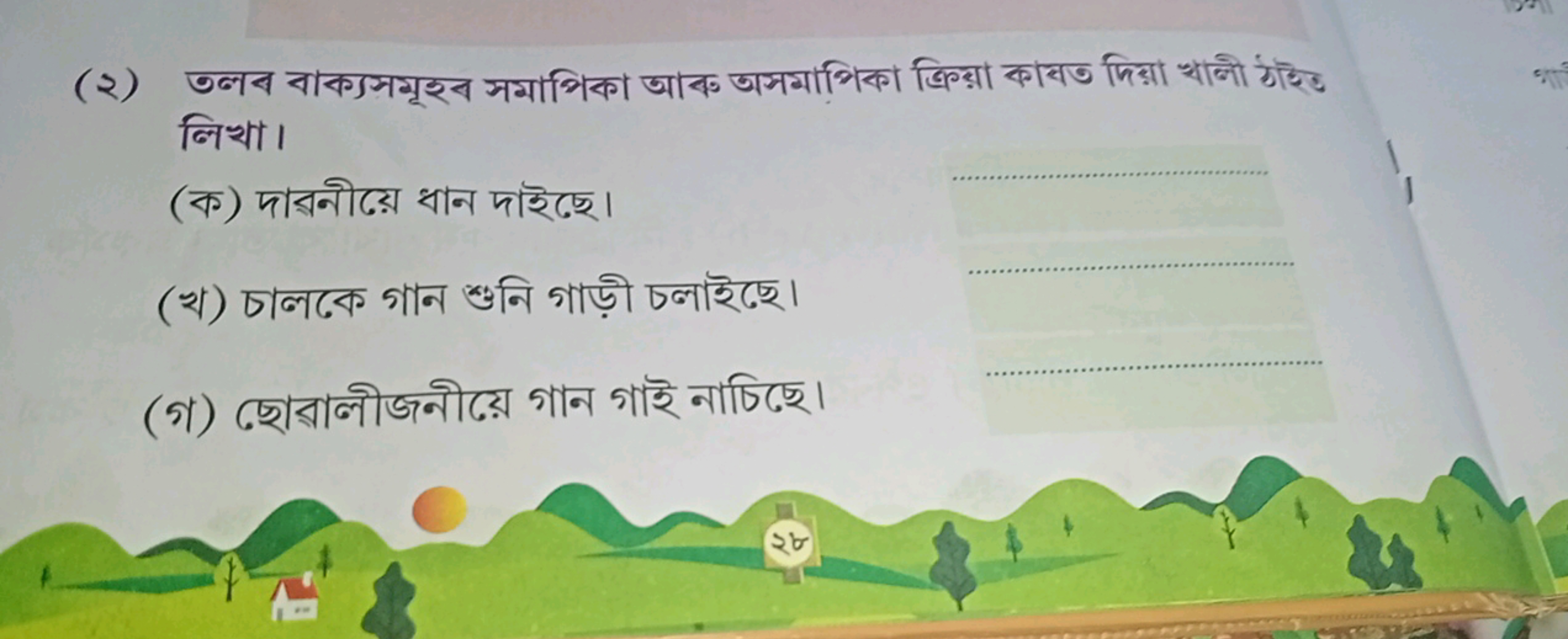 निখা।
(ক) দারনীয়ে ধান দাইছ়।
(v) চালকে গান ๙নি গাড়ী চলাইছে।
(গ) ছোরা