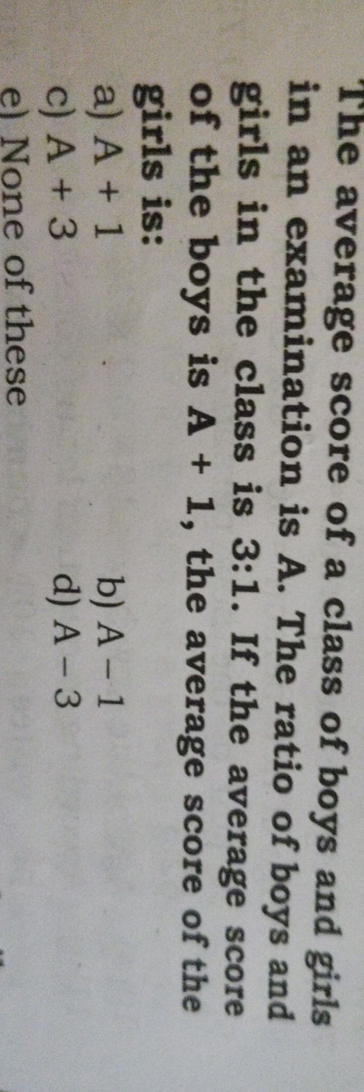 The average score of a class of boys and girls in an examination is A.