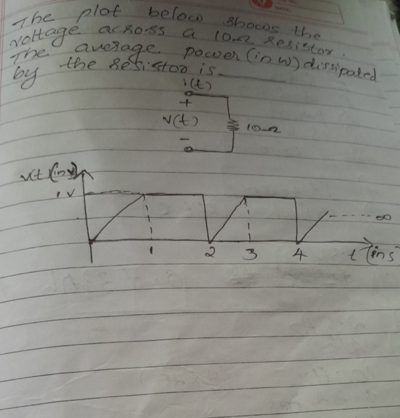 The plot below shows the voltage across a lon resider.
The the resisto