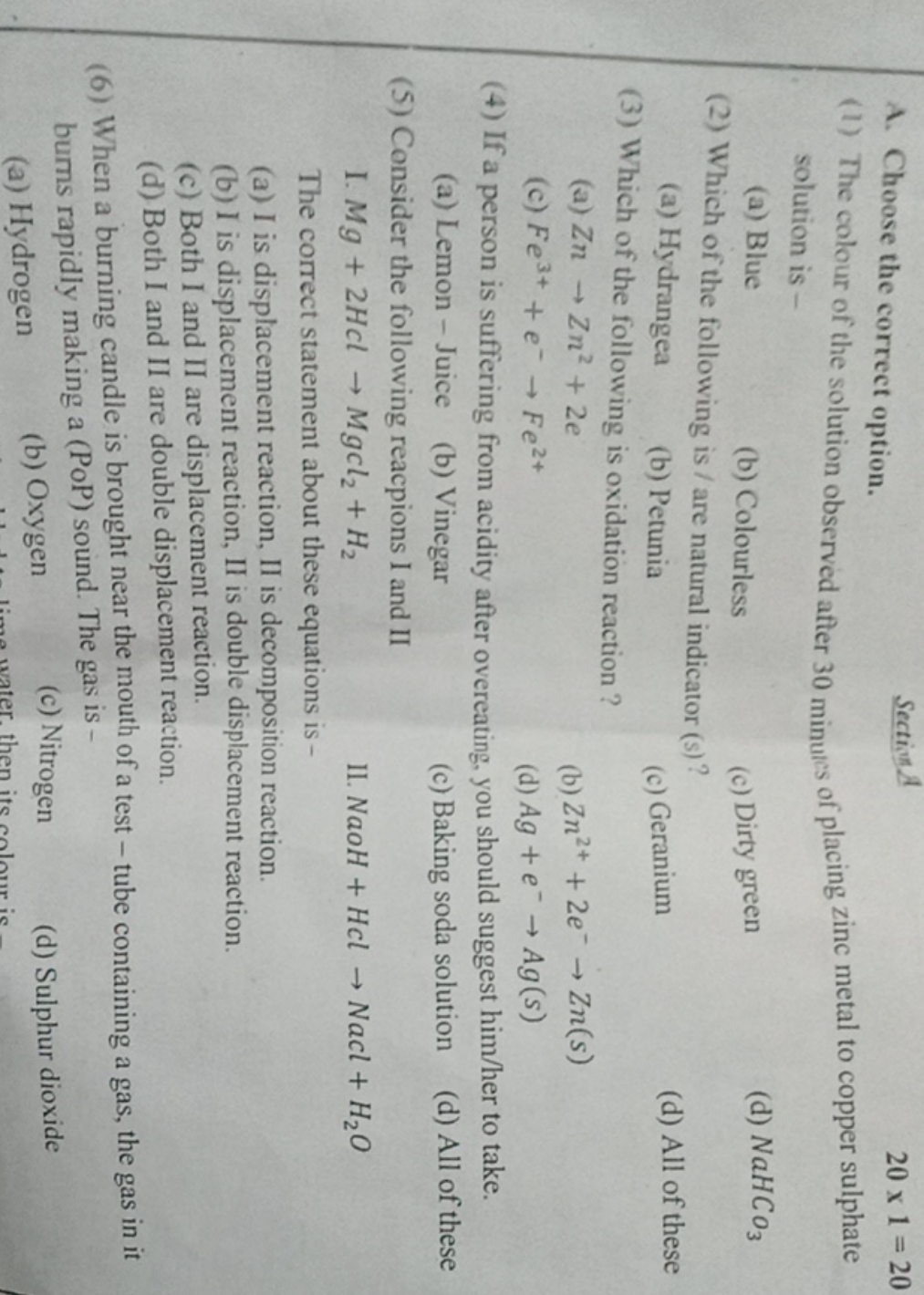 A. Choose the correct option.

Section 2
20×1=20
(1) The colour of the