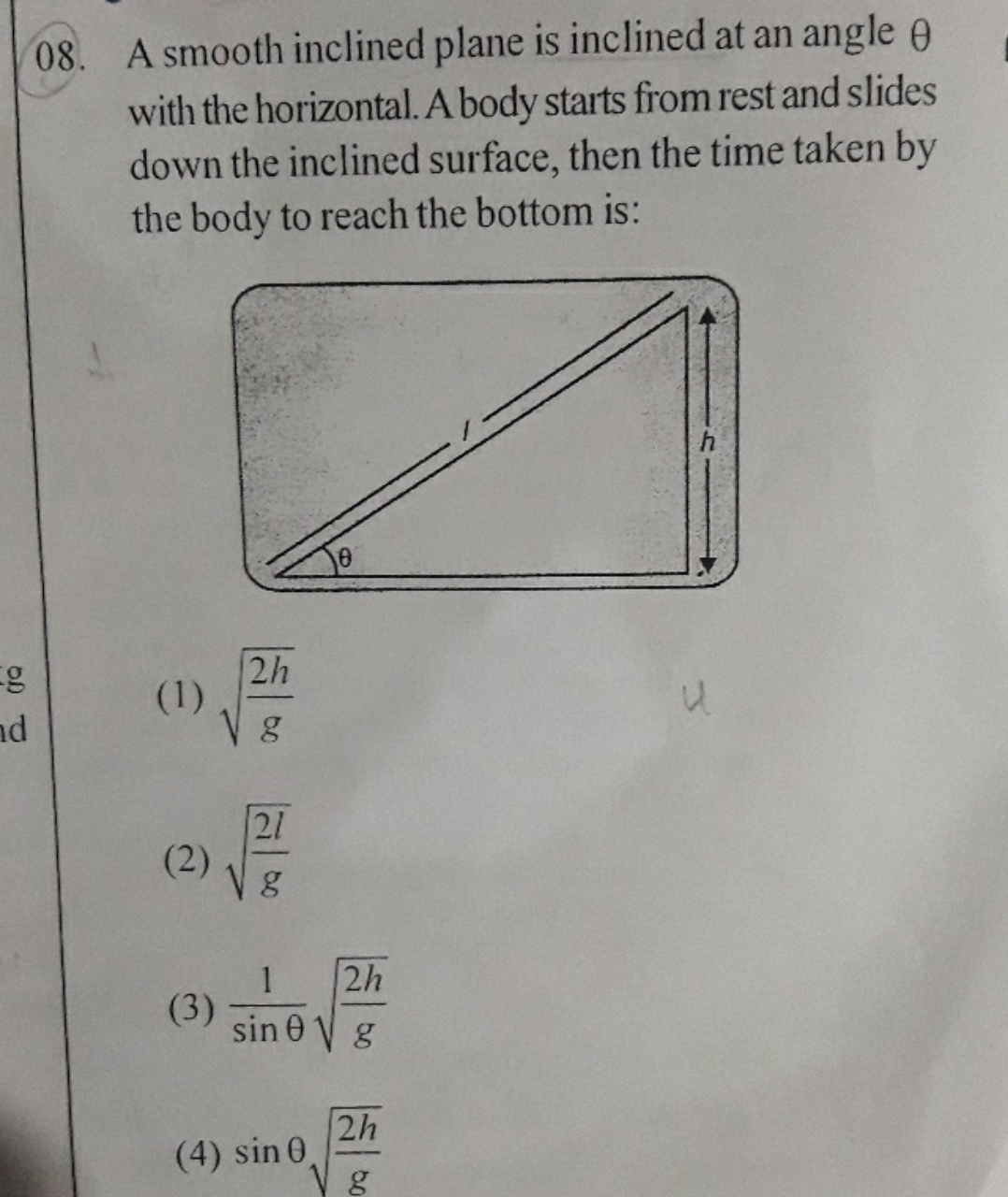 08. A smooth inclined plane is inclined at an angle θ with the horizon