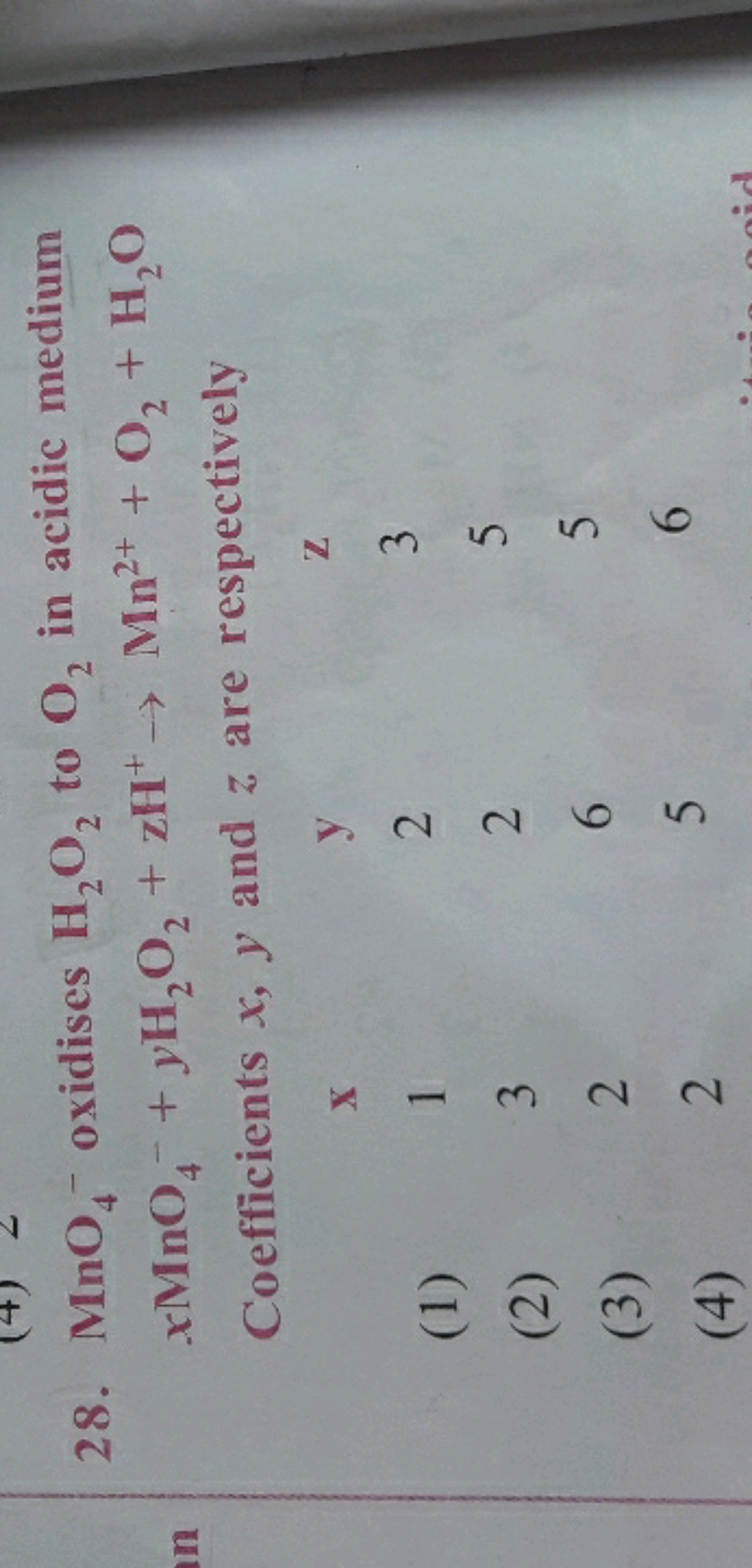 28. MnO4−​oxidises H2​O2​ to O2​ in acidic medium xMnO4−​+yH2​O2​+zH+→