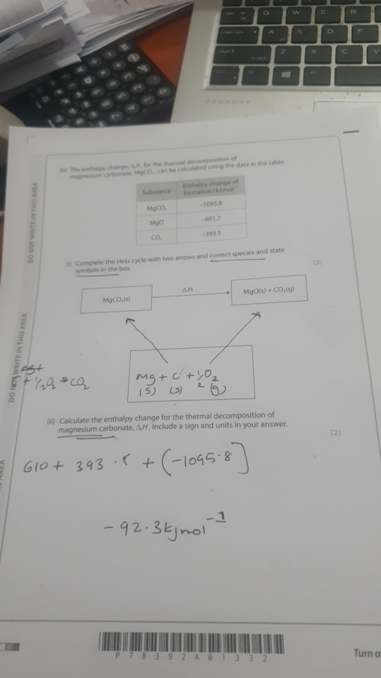 (b) The enthalpy change AH , for the thermal decomposition of magnesiu