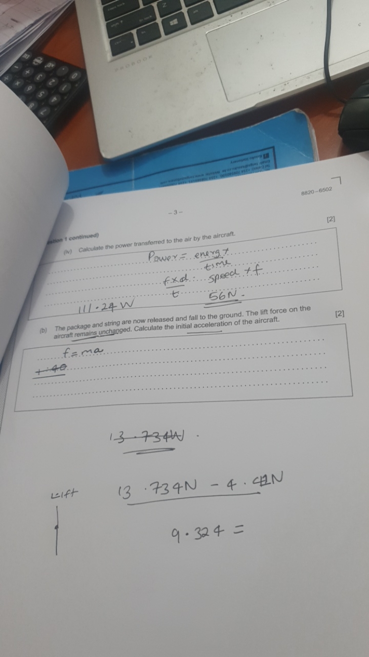 (iv) Calculate the power transferred to the air by the aircraft.
Pawe 