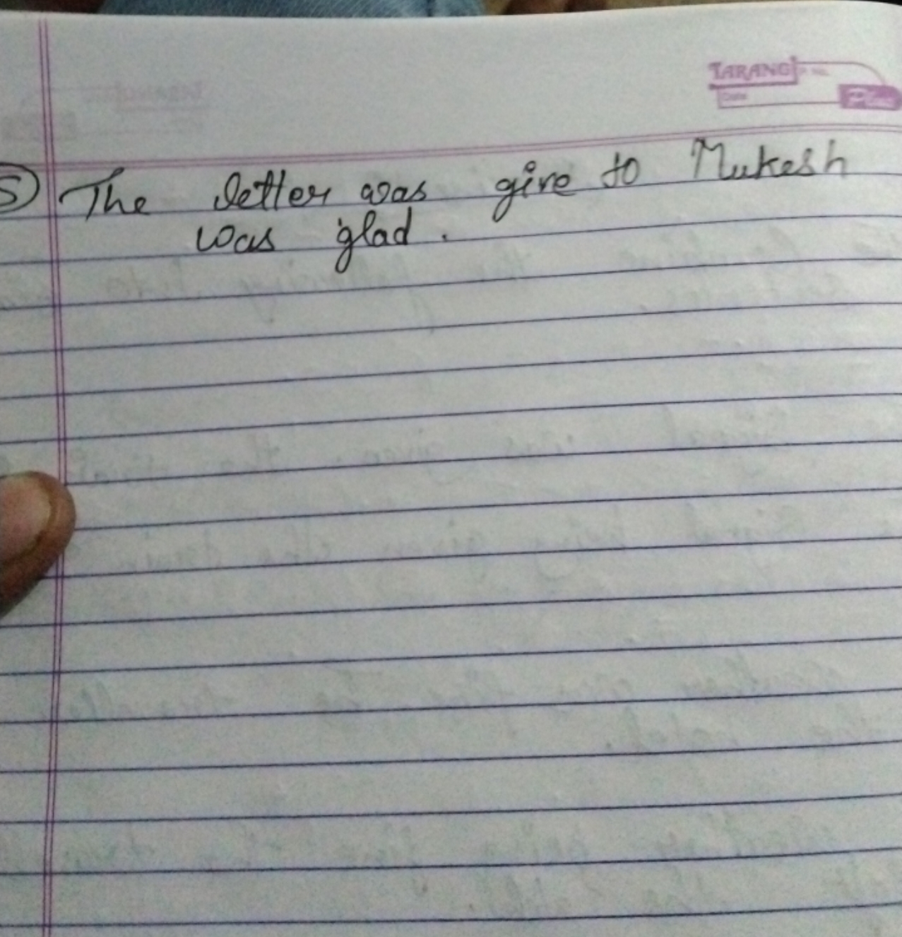 TARANC)
5) The letter was give to Mukesh was glad.