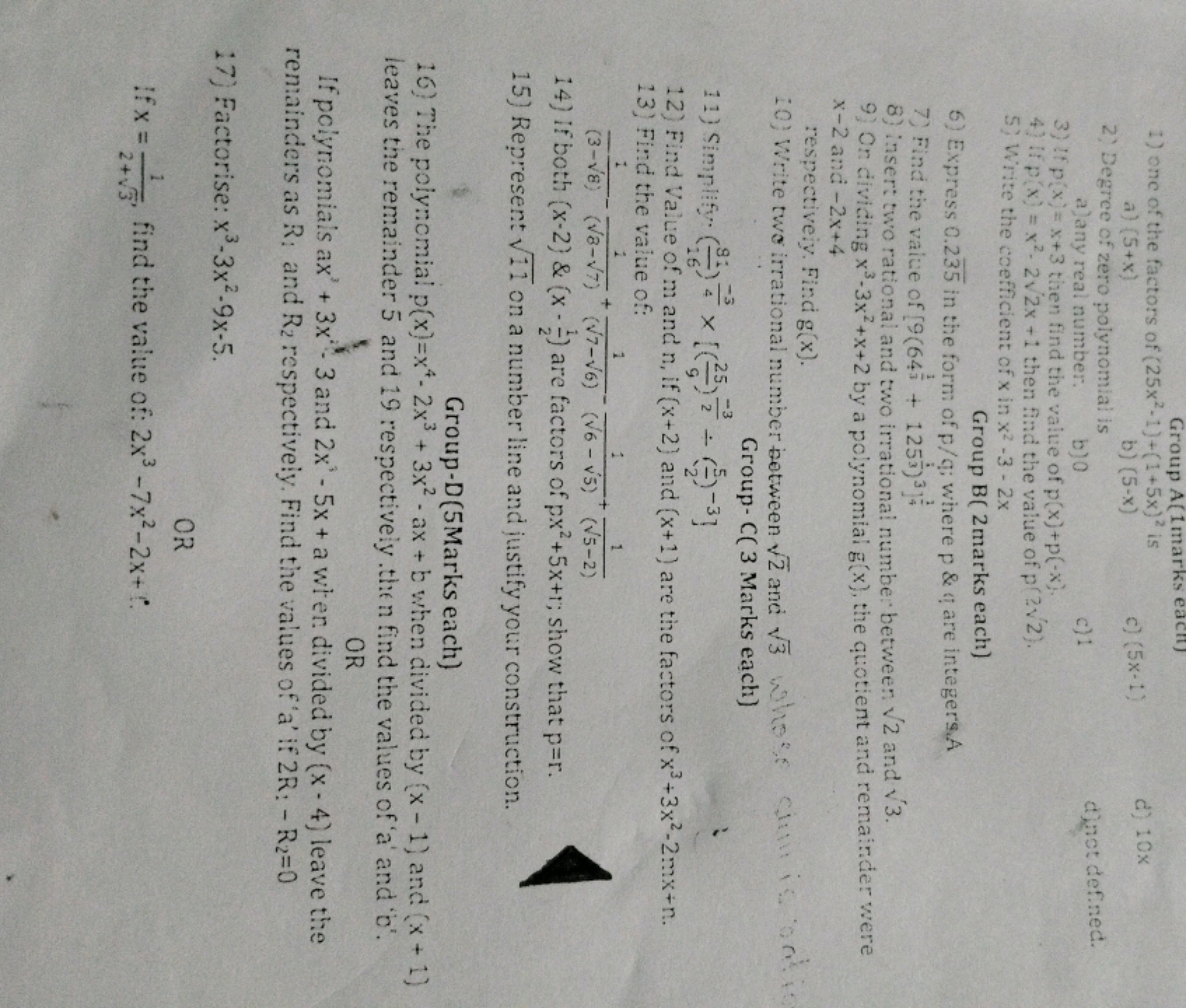 Group A(1marks each)
1) one of the factors of (25x2-1)+(1+5x)2 is
a) (