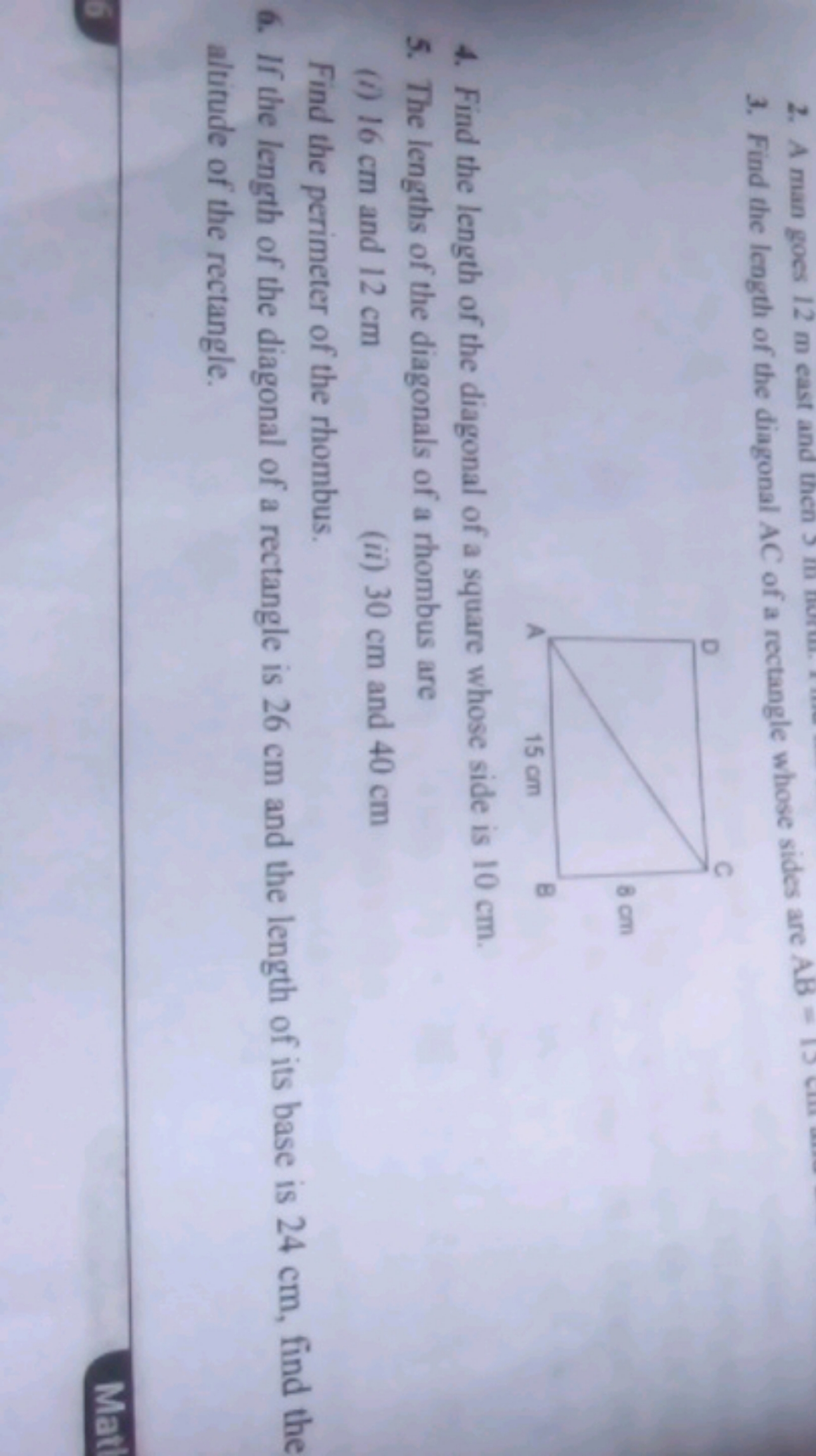 3. Find the length of the diagonal AC of a rectangle whose sides are A