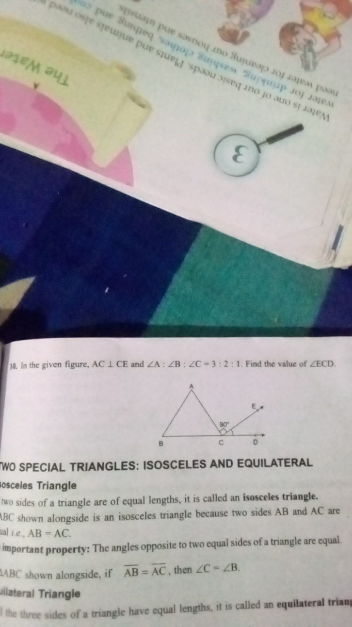 10. In the given figure, AC⊥CE and ∠A:∠B:∠C=3:2:1. Find the value of ∠