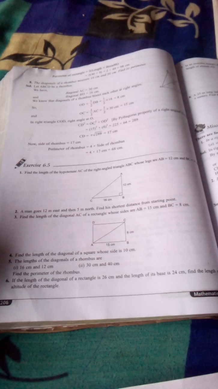 
Sol. Ler A Bid be a thombus We have;

Aiepanal MC−10 cm
anst
diagonal