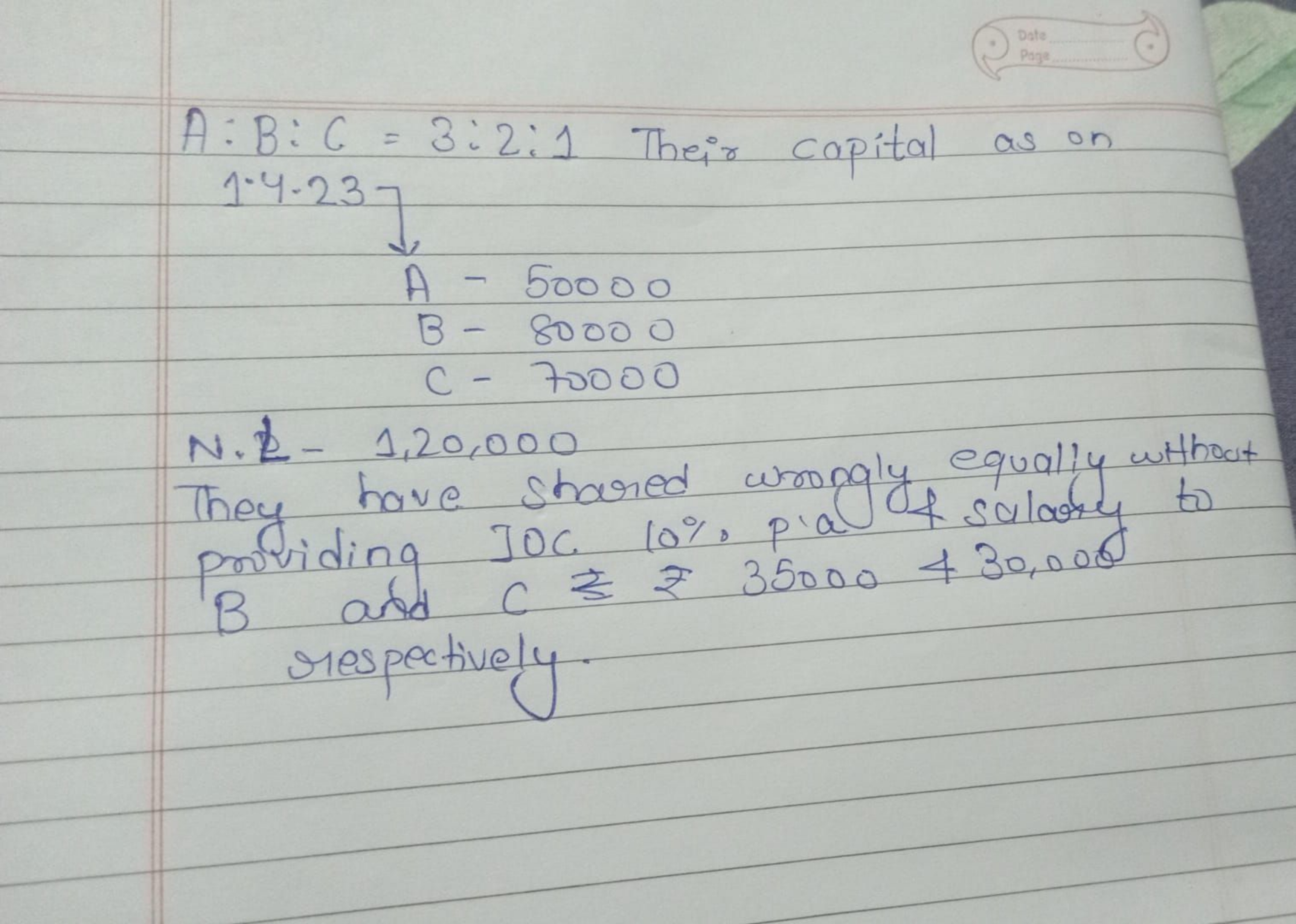 Date
Page
A:B:C = 3:2:1 Their capital as on
1-4-23
A - 50000
B-
8000 0