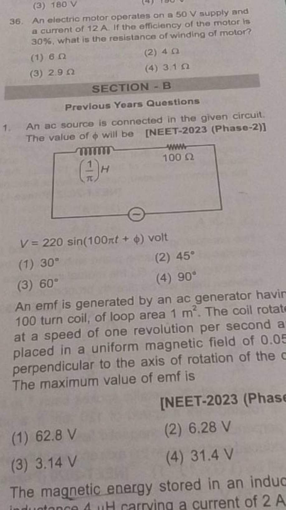 36. An electric motor operates on a 50 V supply and a current of 12 A 