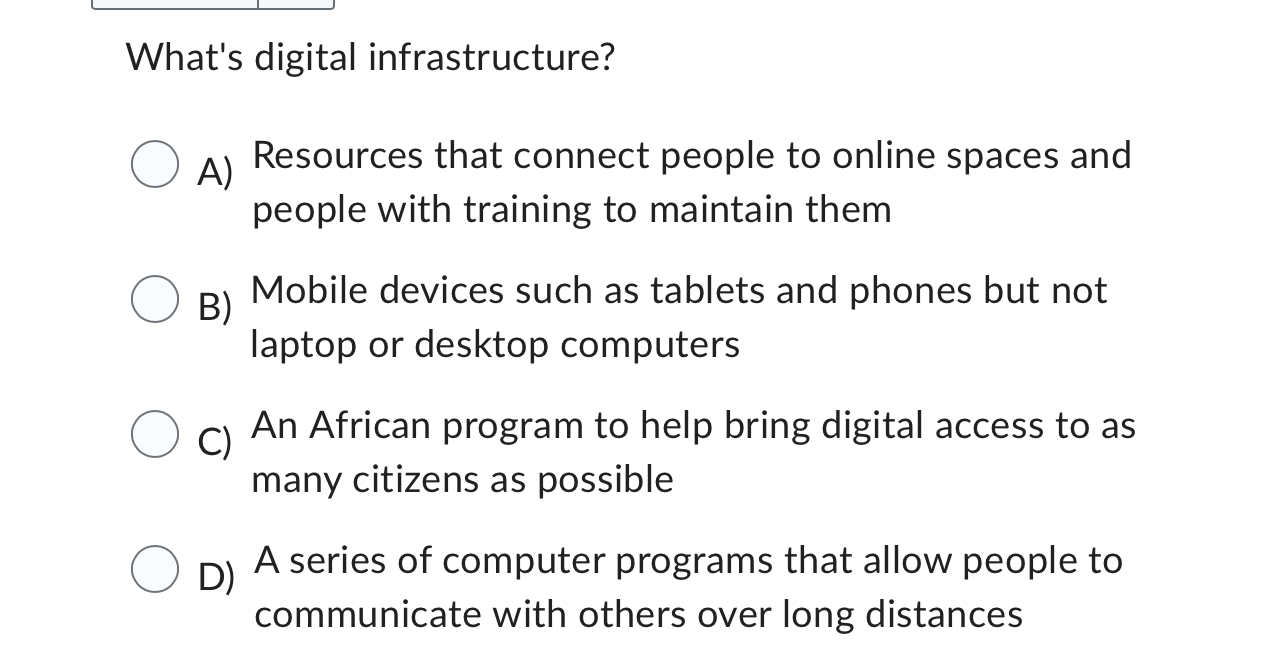 What's digital infrastructure?
A) Resources that connect people to onl