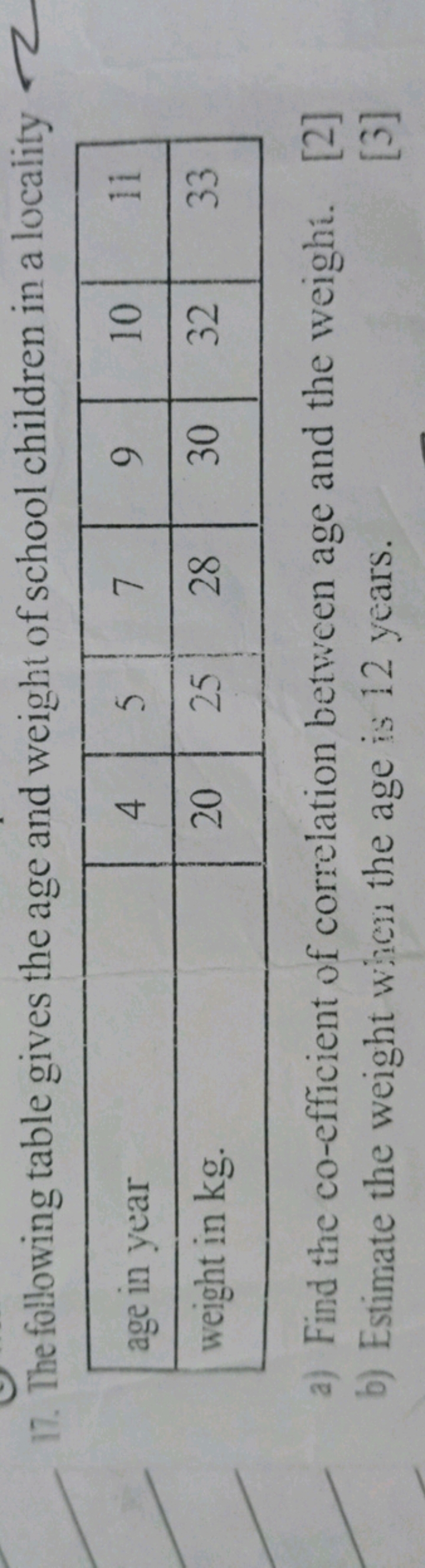 17. The following table gives the age and weight of school children in