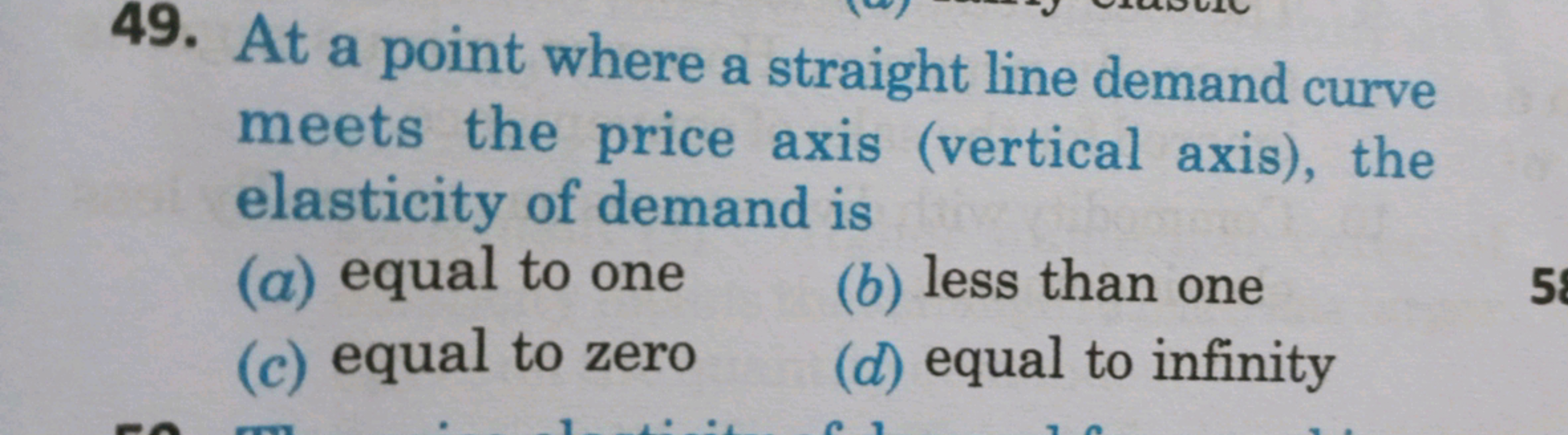 49. At a point where a straight line demand curve
meets the price axis