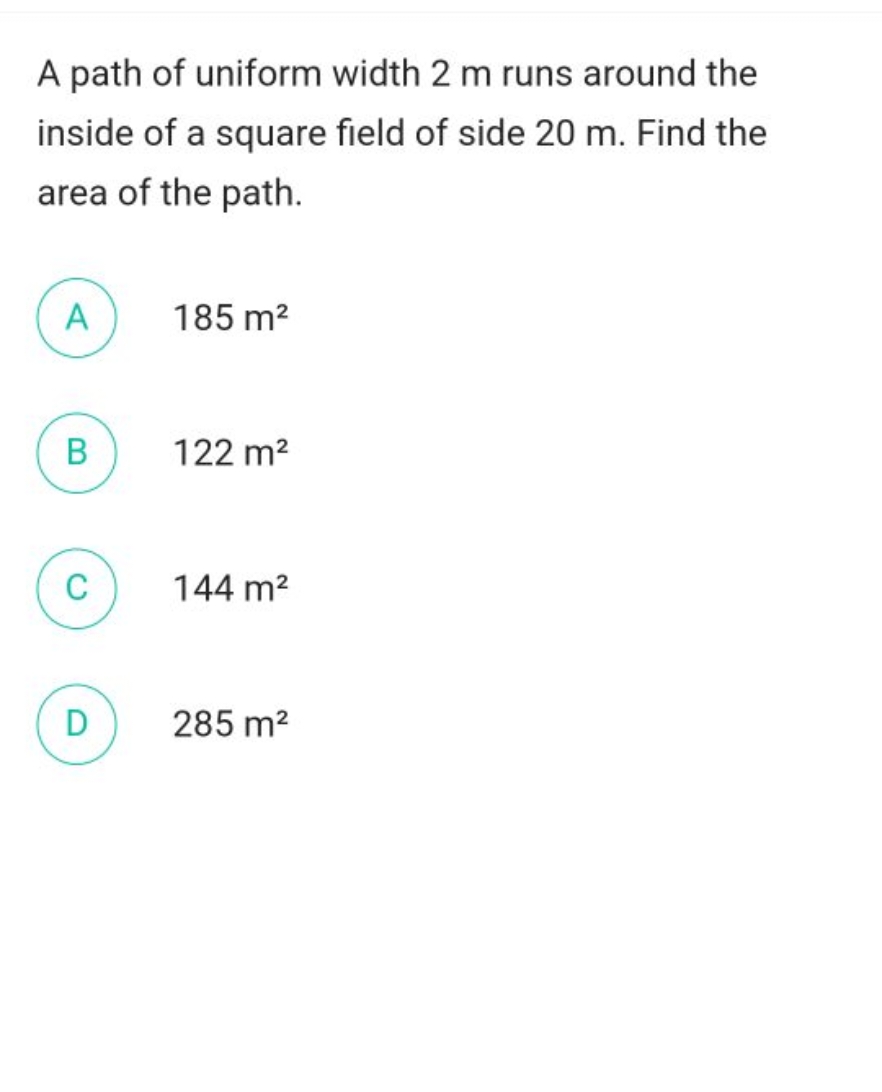 A path of uniform width 2 m runs around the inside of a square field o