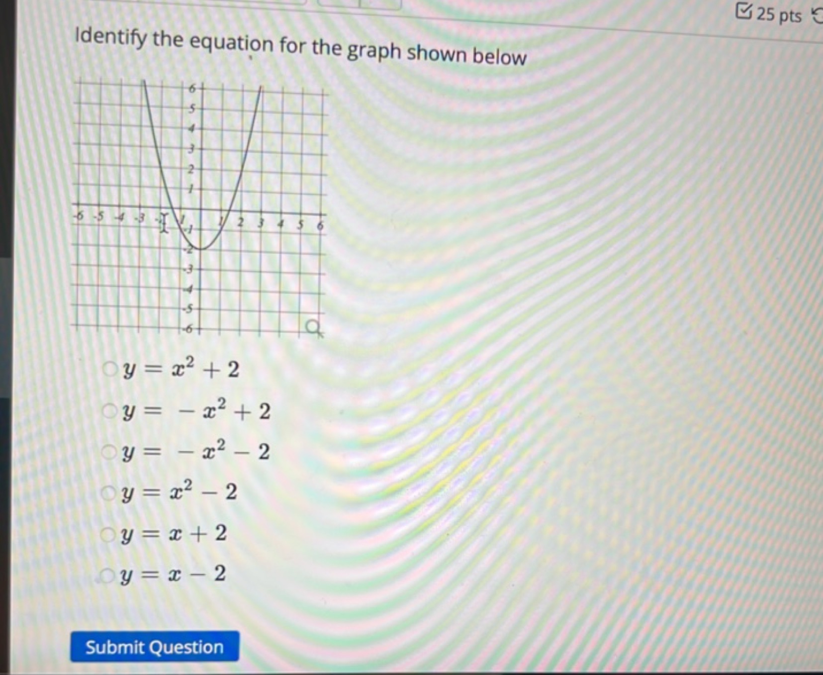 25 pts
Identify the equation for the graph shown below
y=x2+2
y=−x2+2
