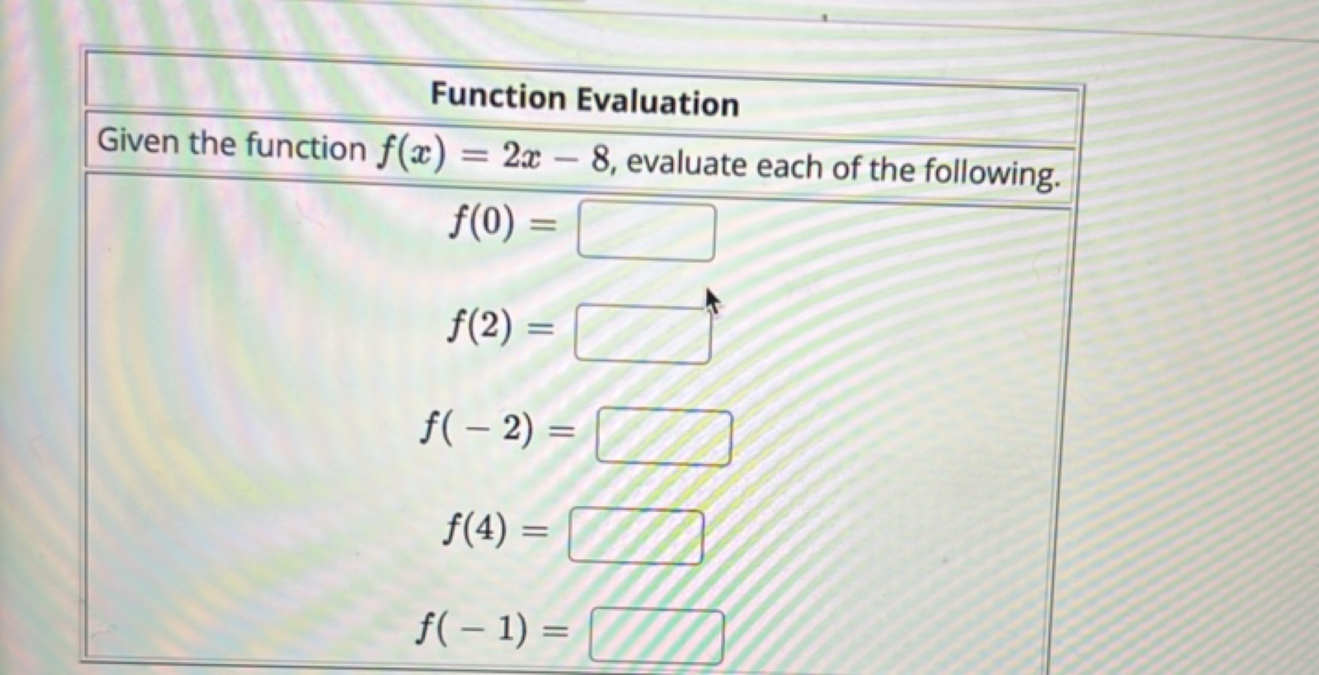 Function Evaluation
Given the function f(x)=2x−8, evaluate each of the