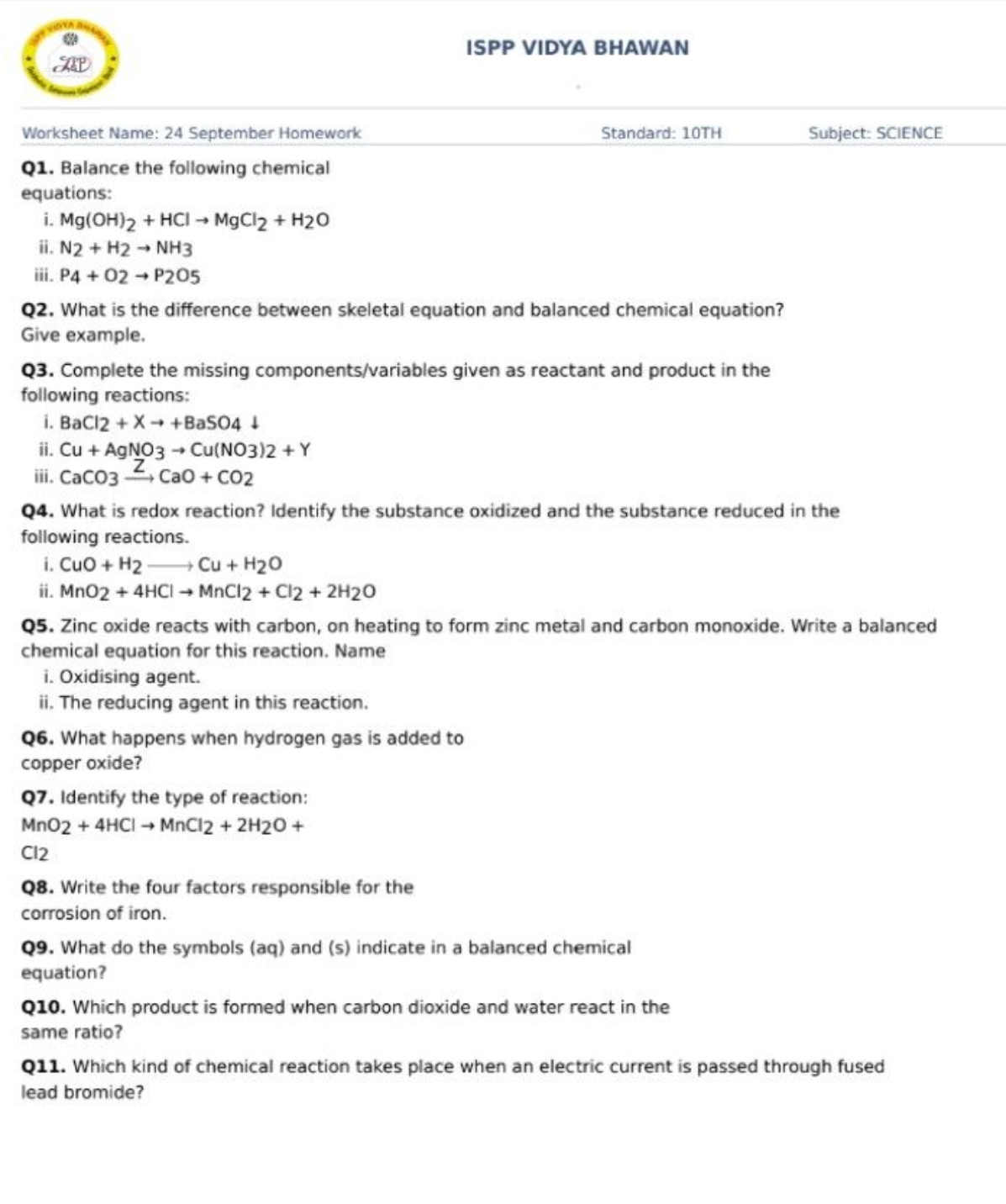 ISPP VIDYA BHAWAN
Worksheet Name: 24 September Homework
Standard: 10 T