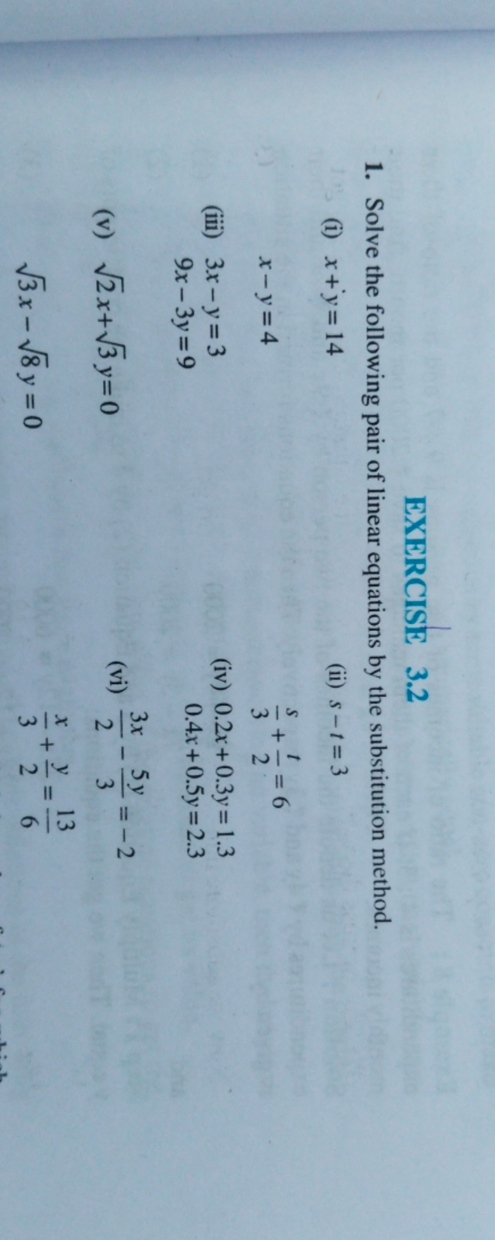 EXERCISE 3.2
1. Solve the following pair of linear equations by the su