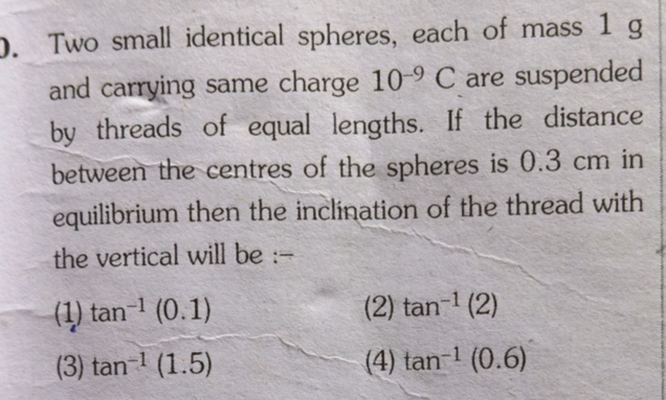 Two small identical spheres, each of mass 1 g and carrying same charge