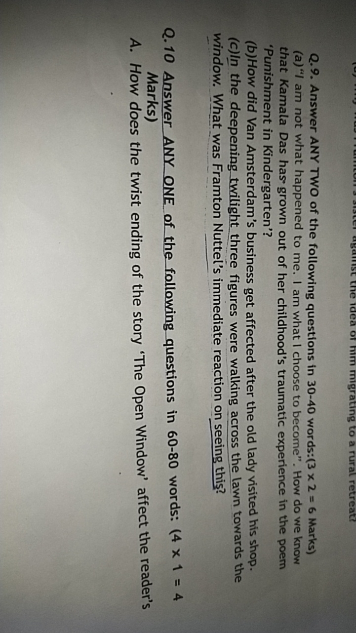 Q.9. Answer ANY TWO of the following questions in 30-40 words: (3×2=6 