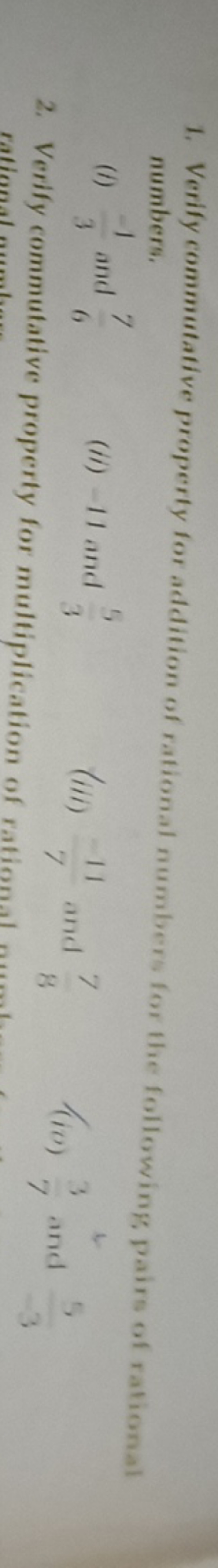 1. Verify commutative property for addition of rational numbers for th