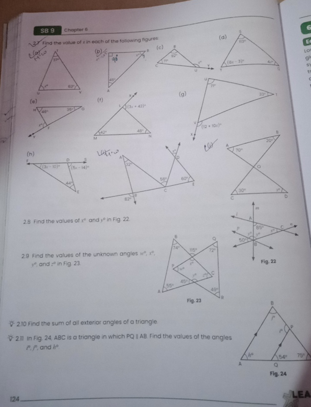 SB 9
Chaptor 6
2) find the value of x in each of the following figures