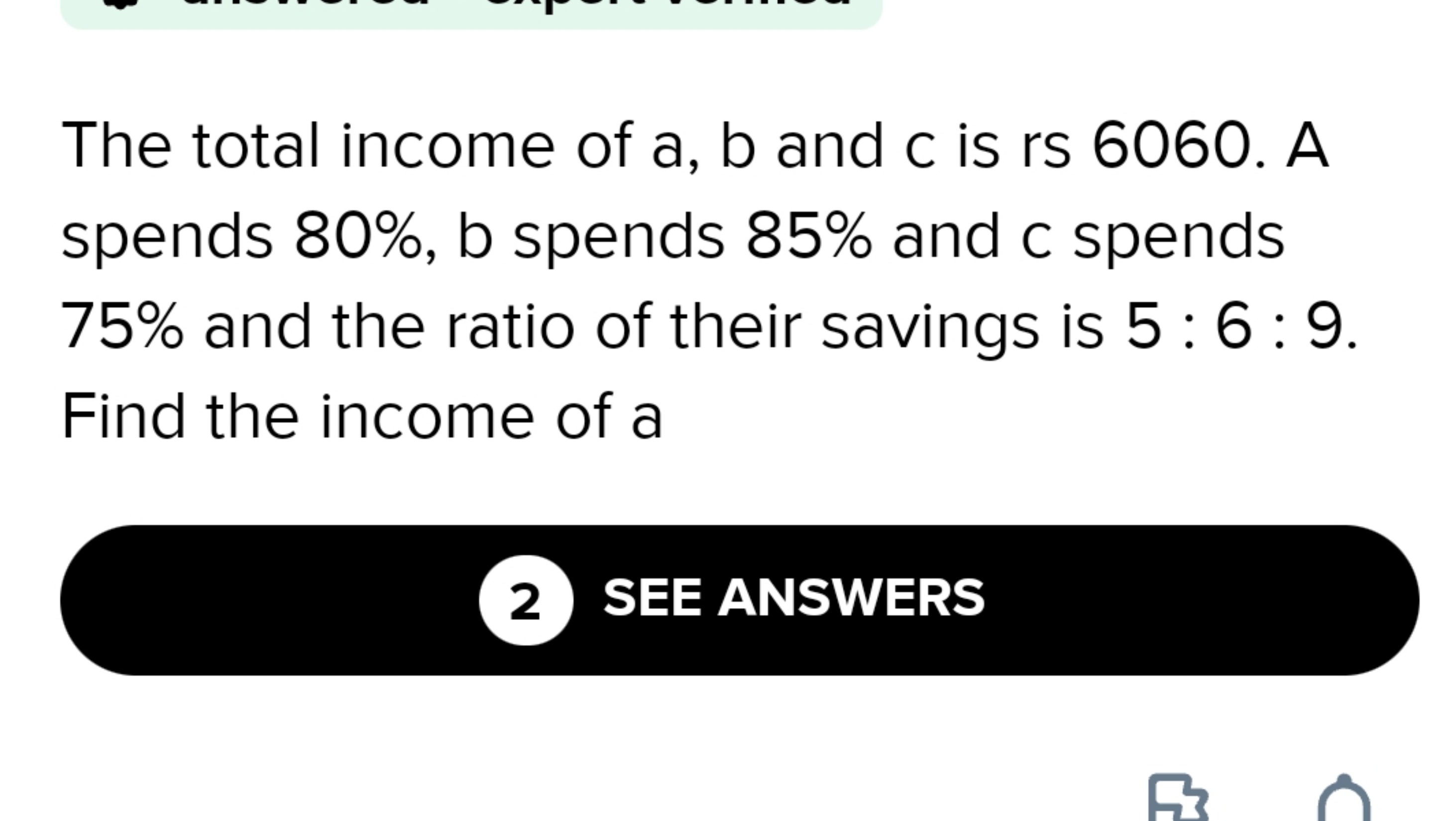 The total income of a,b and c is rs 6060. A spends 80%, b spends 85% a