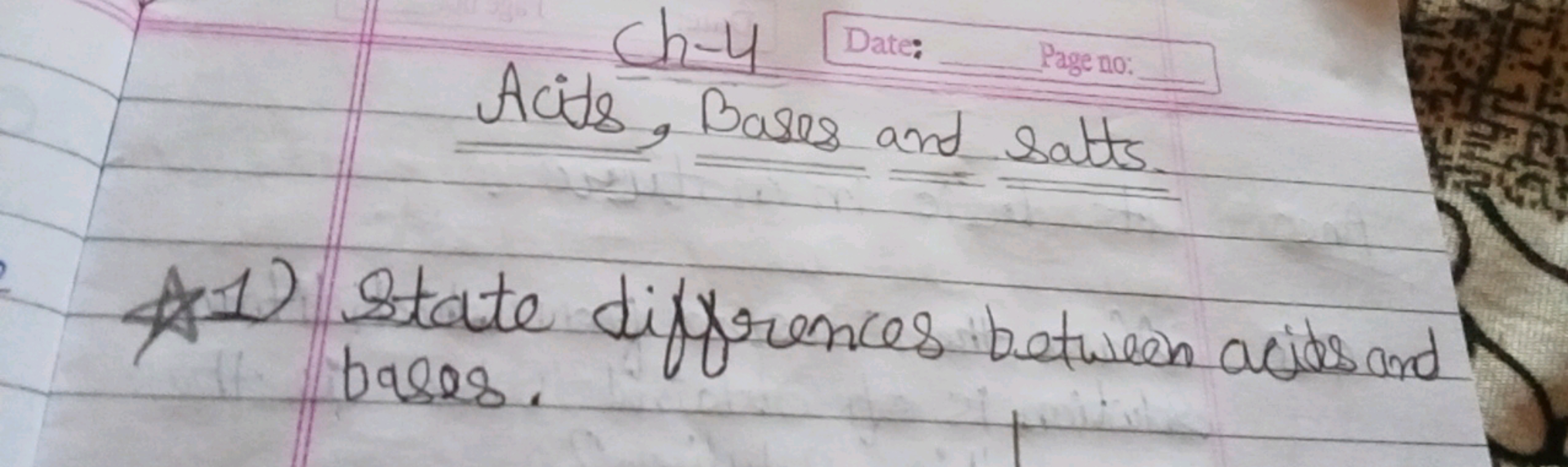 Ch-4
Date:
Page no
Acids, Bases and salts.
(1) State differences betwe