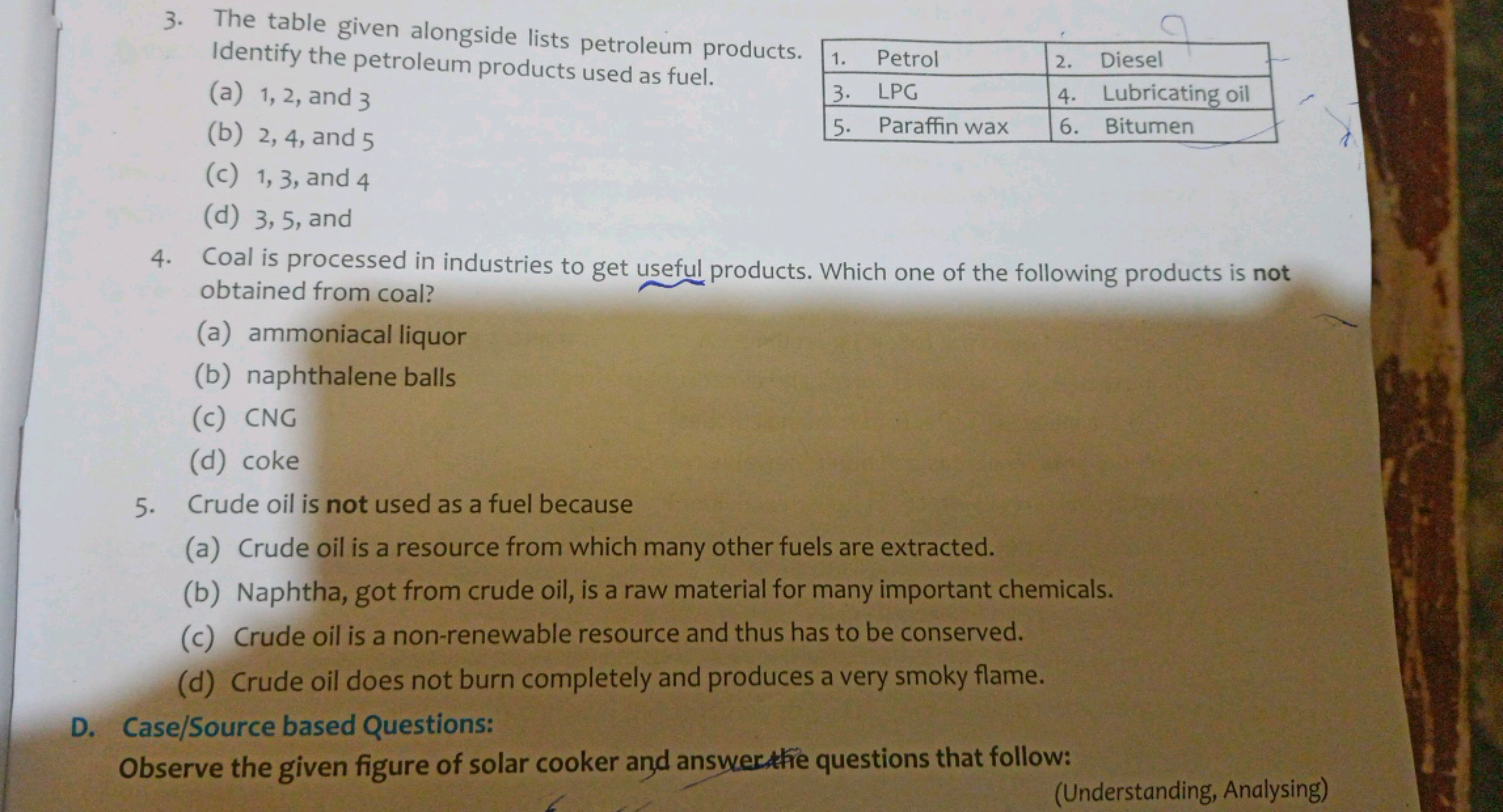 3. The table given alongside lists petroleum products. Identify the pe