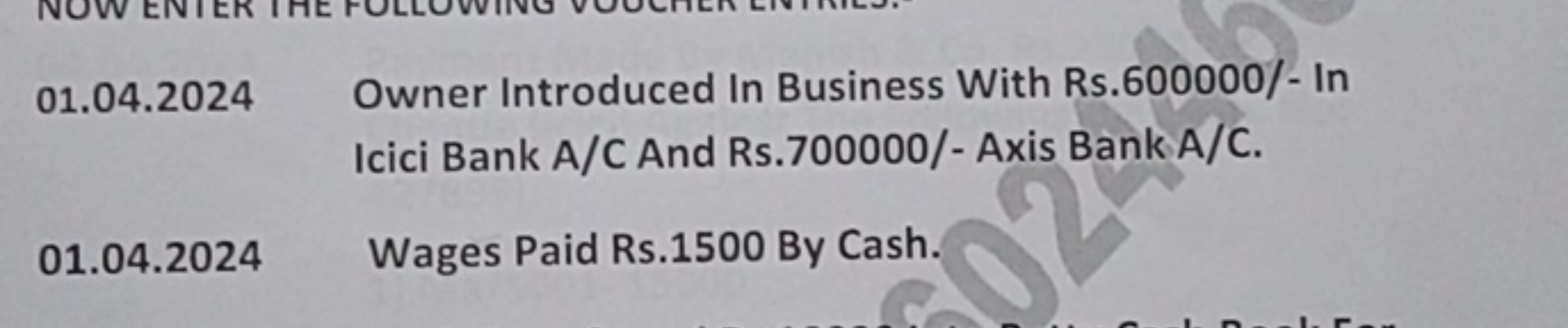 01.04.2024 Owner Introduced In Business With Rs.600000/- In Icici Bank