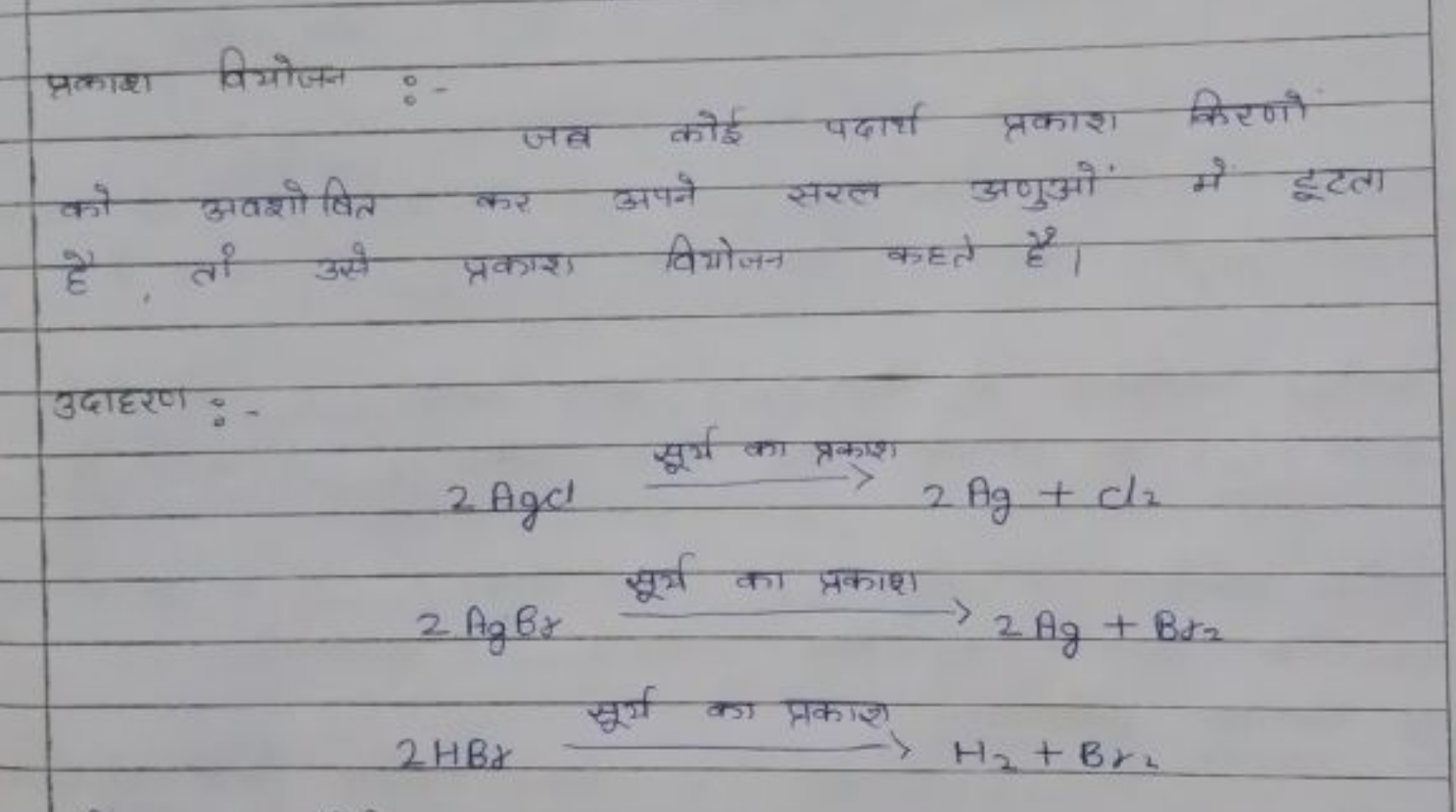 प्रकाश वियोजन :है, तो उसे प्रकाश वियोजन कहते है।

उदाहरण:-
2AgCl सूर्य